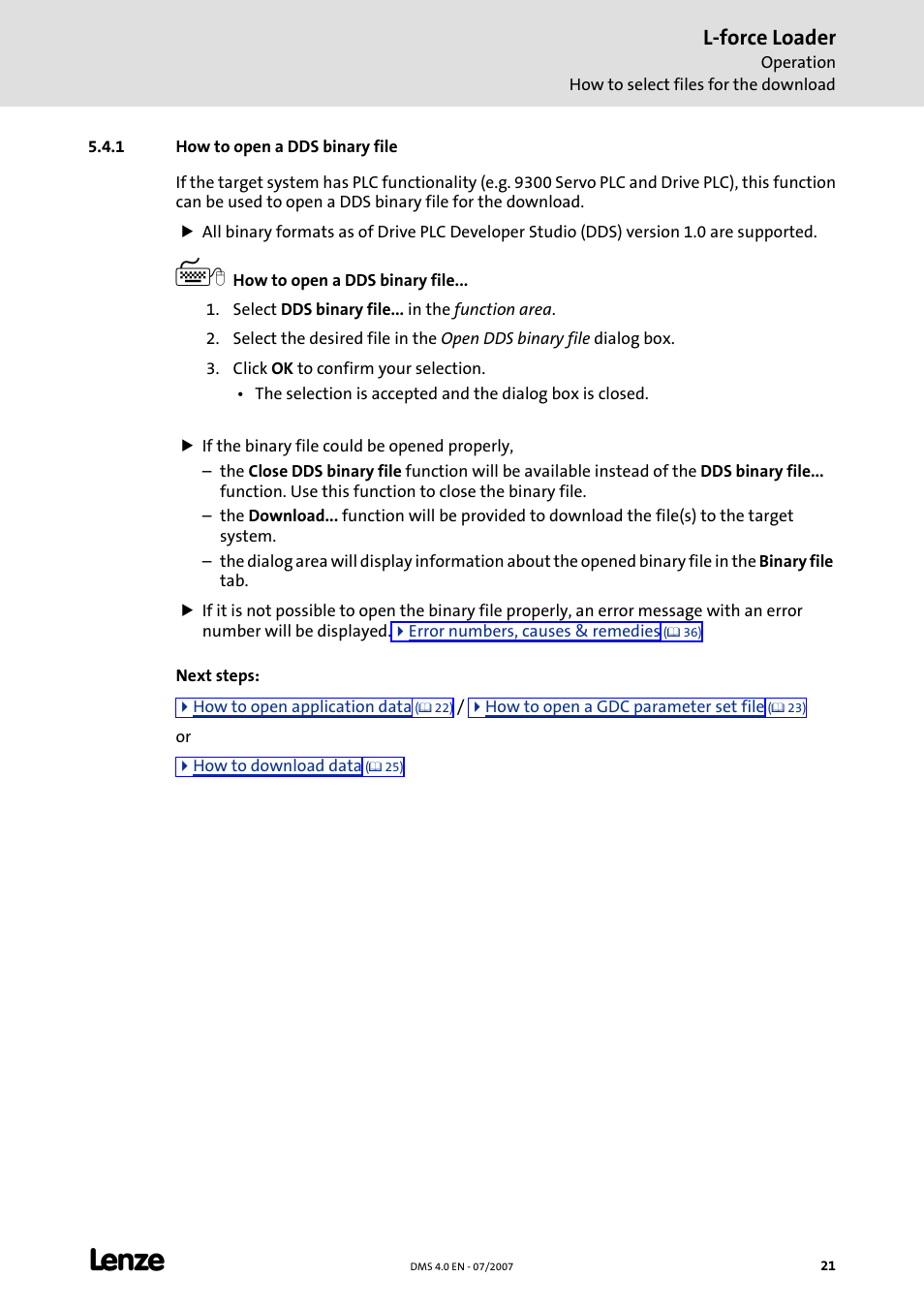 1 how to open a dds binary file, How to open a dds, Binary file | C 21), L-force loader | Lenze Loader L-force Loader User Manual | Page 21 / 45