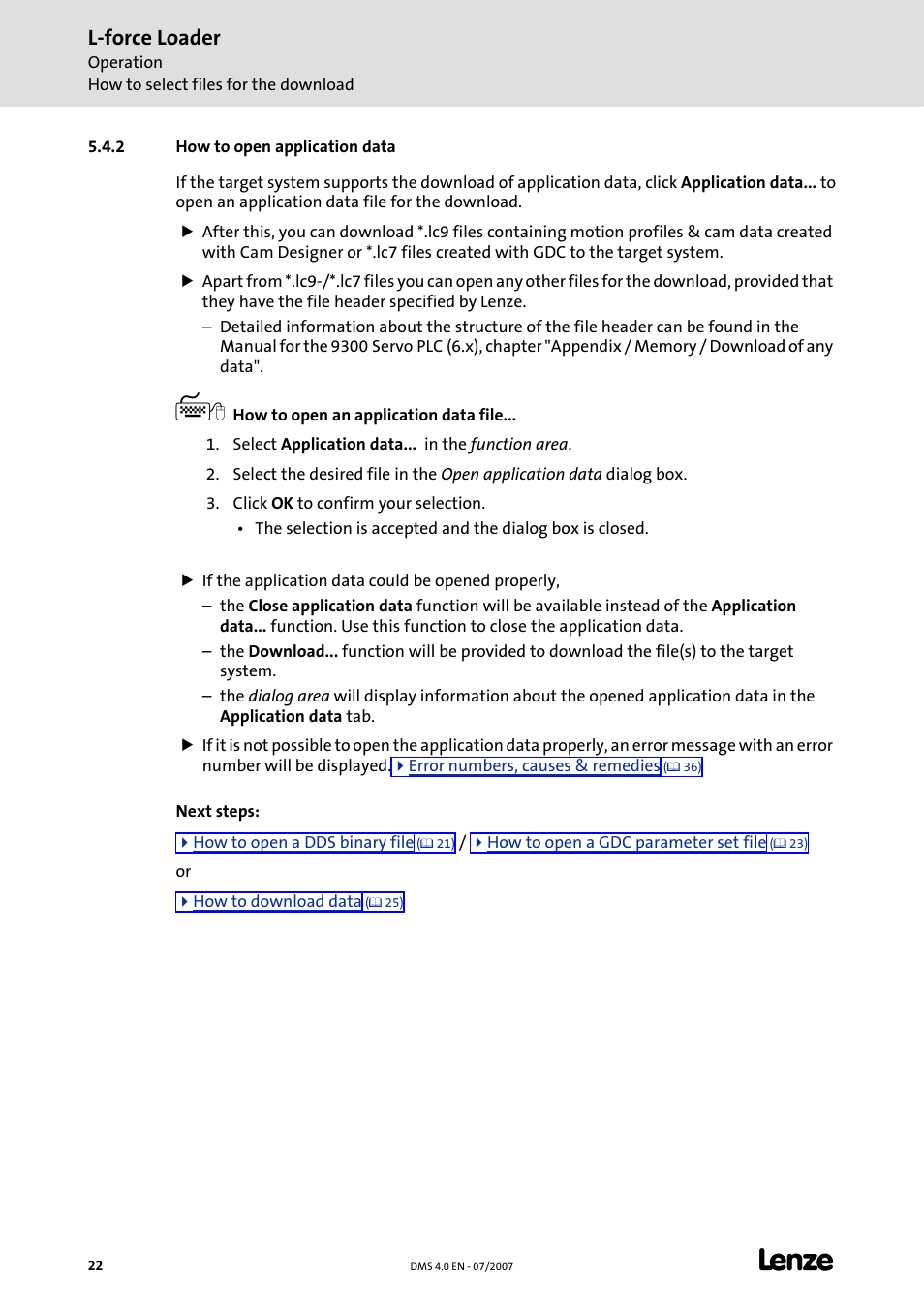 2 how to open application data, How to open application data, C 22) | L-force loader | Lenze Loader L-force Loader User Manual | Page 22 / 45