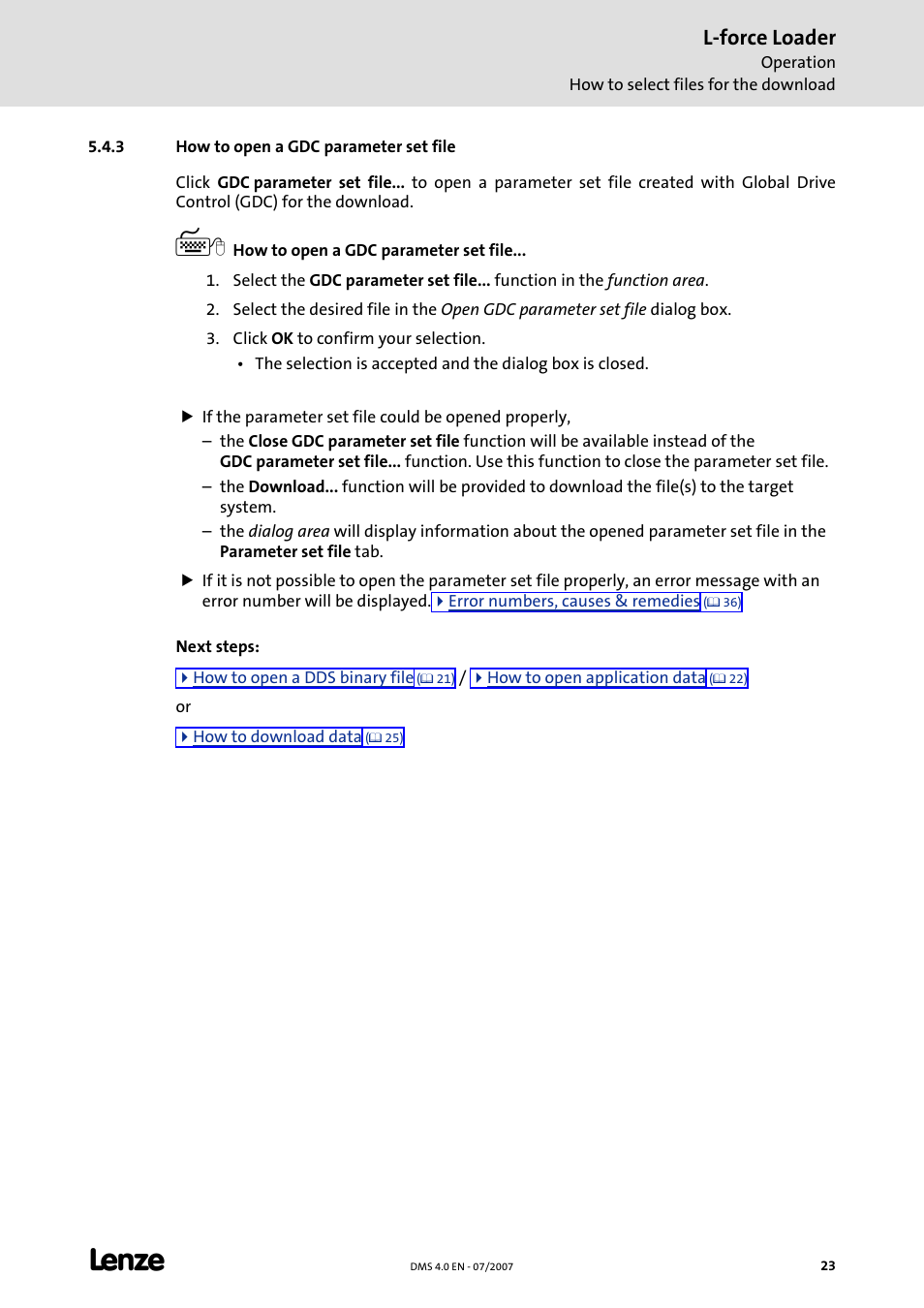 3 how to open a gdc parameter set file, How to open a gdc parameter set file, C 23) | L-force loader | Lenze Loader L-force Loader User Manual | Page 23 / 45