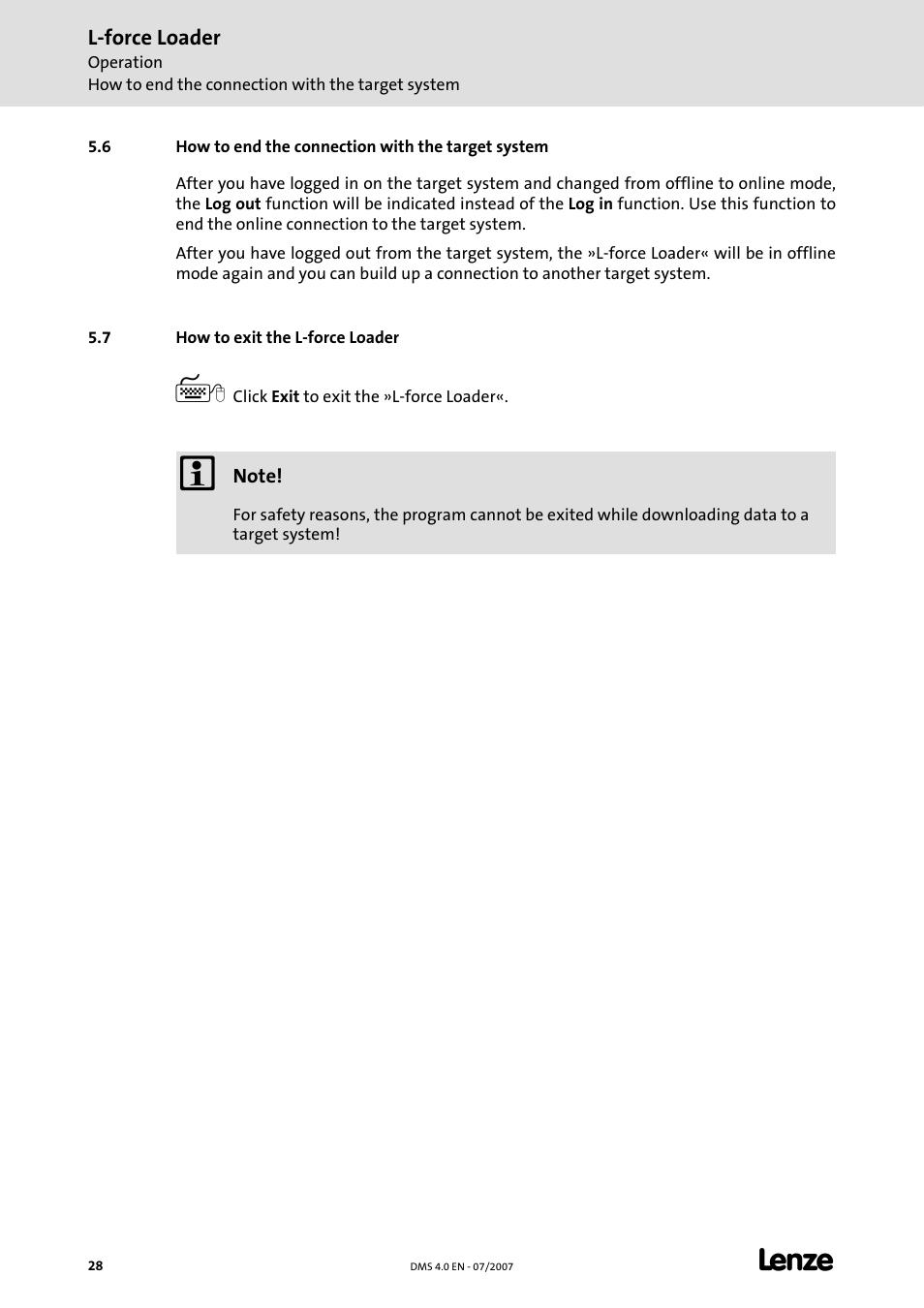 6 how to end the connection with the target system, 7 how to exit the l-force loader | Lenze Loader L-force Loader User Manual | Page 28 / 45