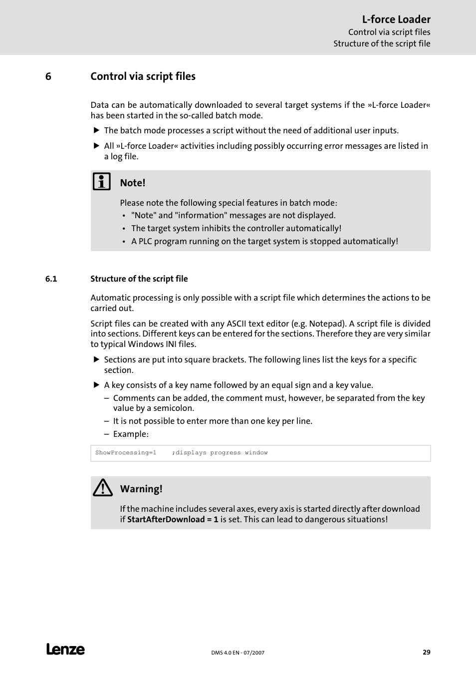 6 control via script files, 1 structure of the script file, Control via script files | C 29) | Lenze Loader L-force Loader User Manual | Page 29 / 45