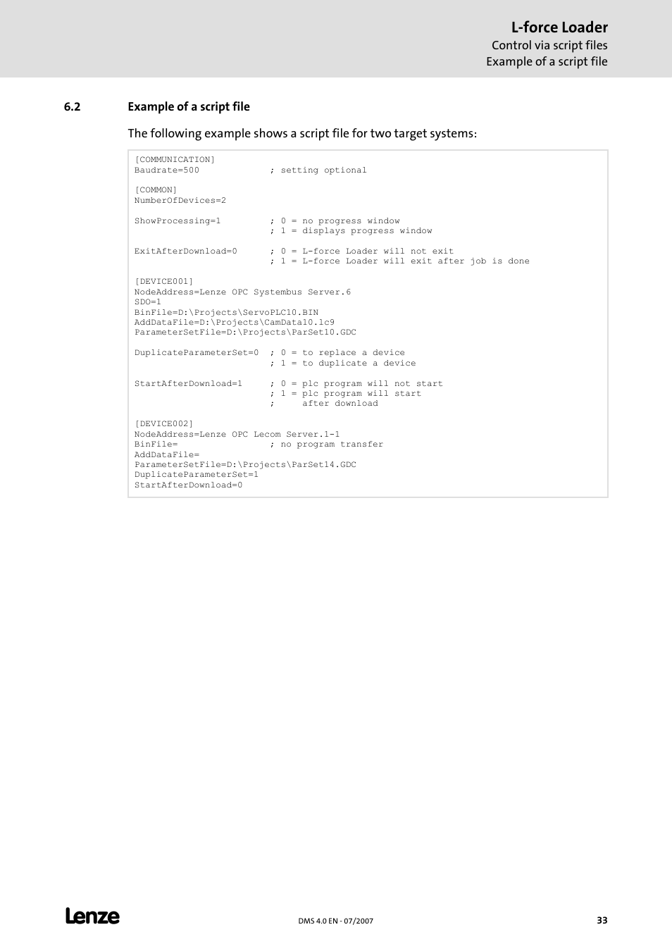 2 example of a script file, L-force loader | Lenze Loader L-force Loader User Manual | Page 33 / 45