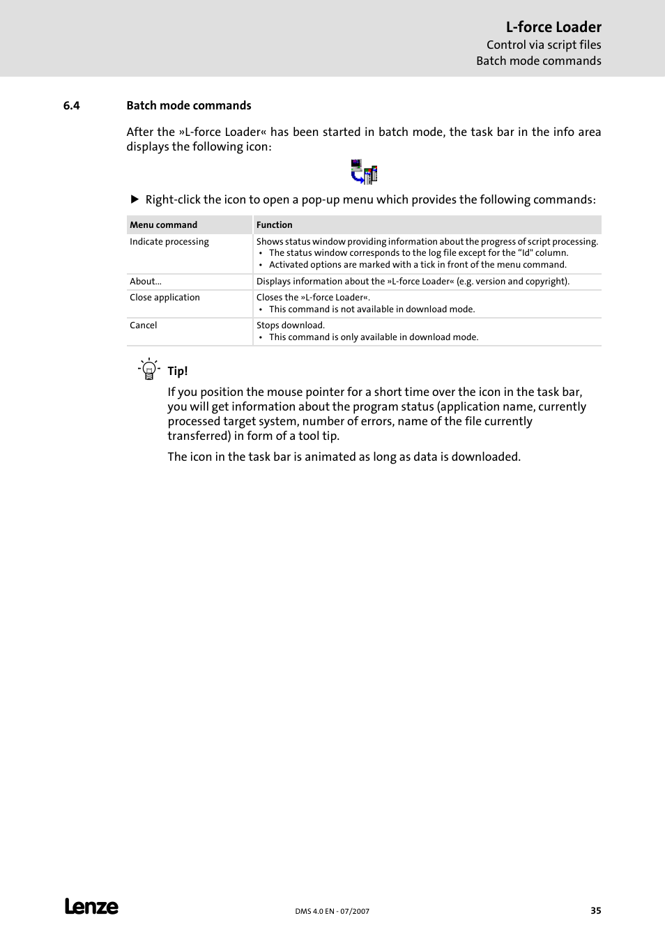 4 batch mode commands, Batch mode commands, L-force loader | Lenze Loader L-force Loader User Manual | Page 35 / 45