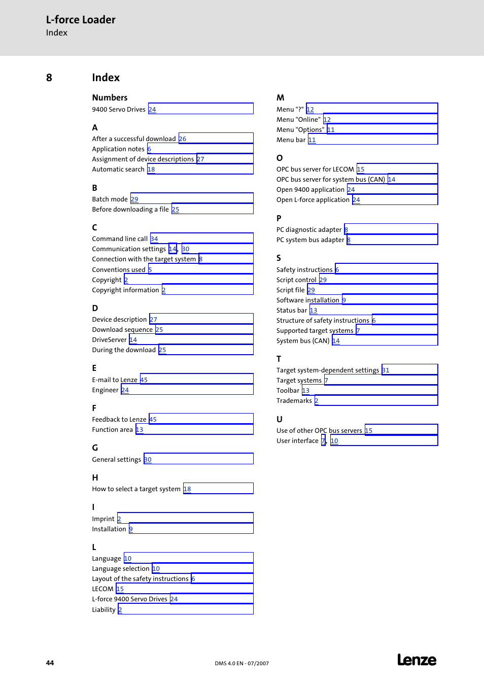 8 index, Index, L-force loader | 8index | Lenze Loader L-force Loader User Manual | Page 44 / 45