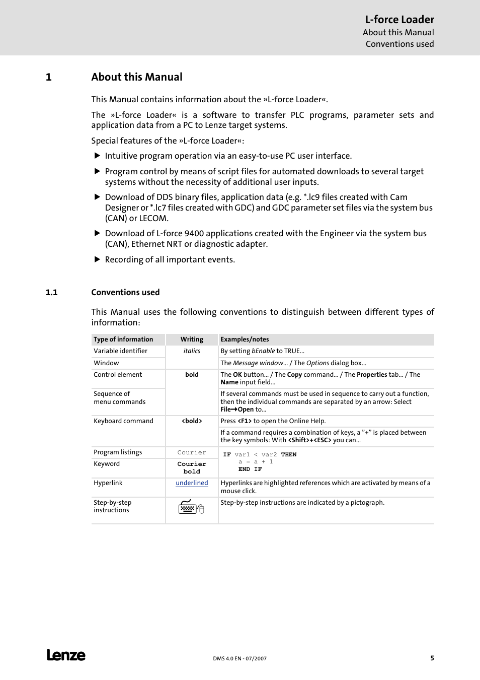 1 about this manual, 1 conventions used, About this manual | L-force loader, 1about this manual | Lenze Loader L-force Loader User Manual | Page 5 / 45