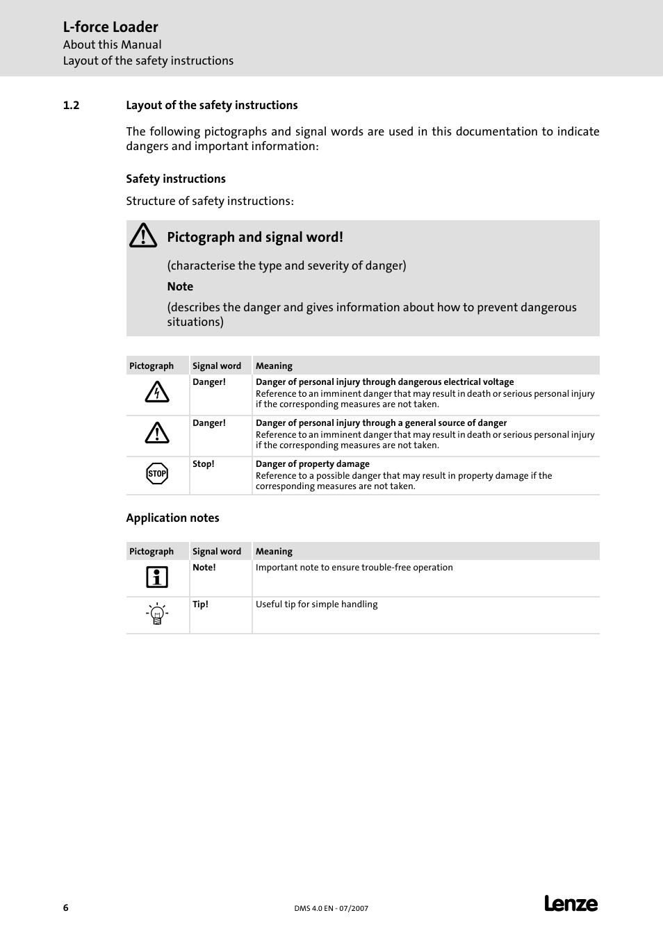 2 layout of the safety instructions, L-force loader | Lenze Loader L-force Loader User Manual | Page 6 / 45