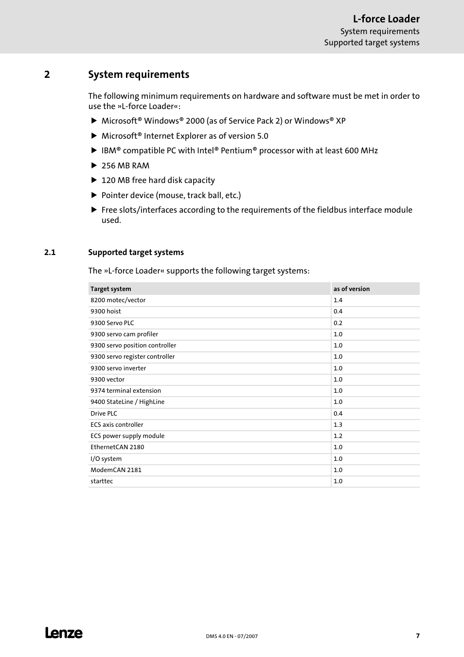 2 system requirements, 1 supported target systems, System requirements | L-force loader, 2system requirements | Lenze Loader L-force Loader User Manual | Page 7 / 45