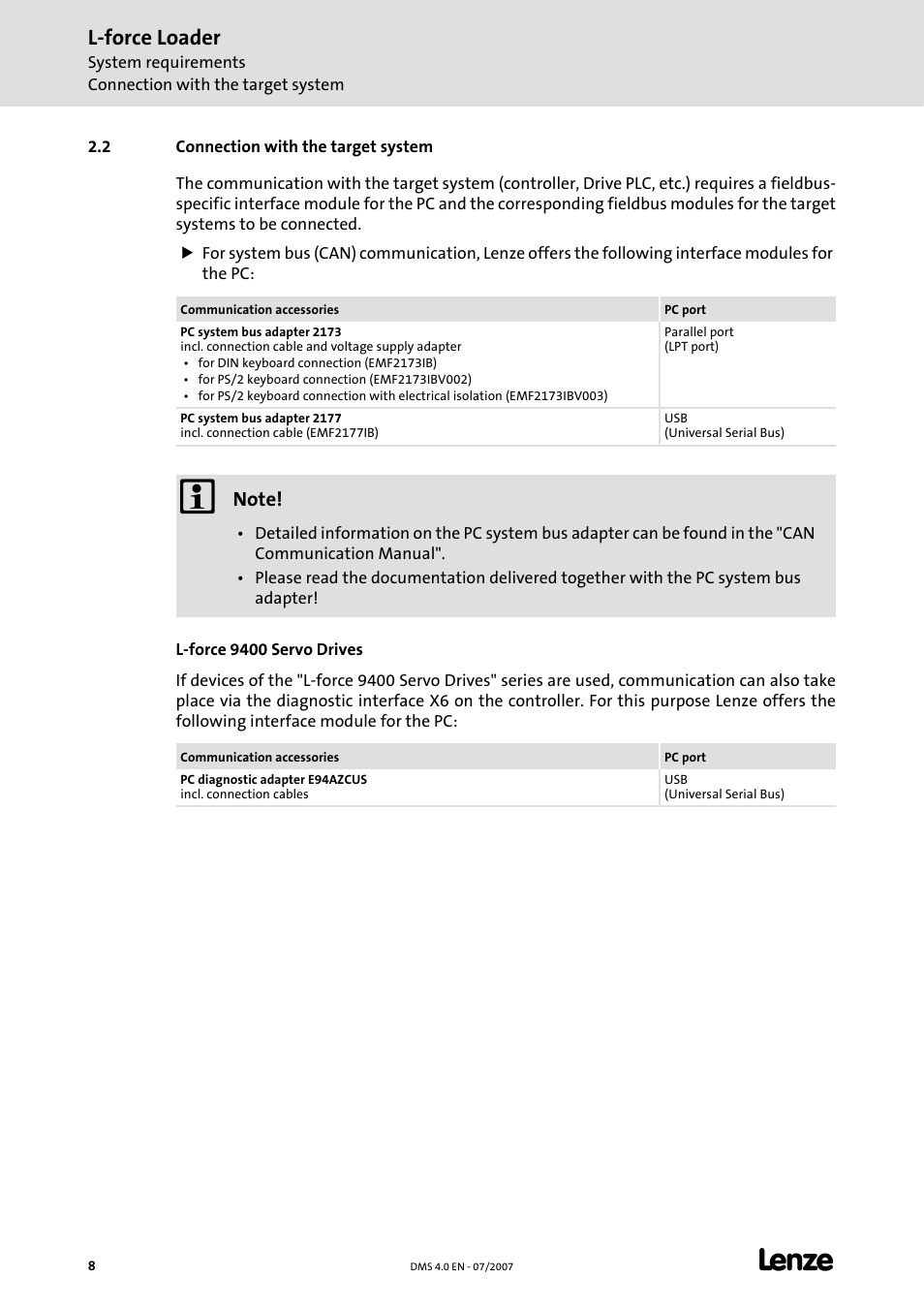 2 connection with the target system, L-force loader | Lenze Loader L-force Loader User Manual | Page 8 / 45