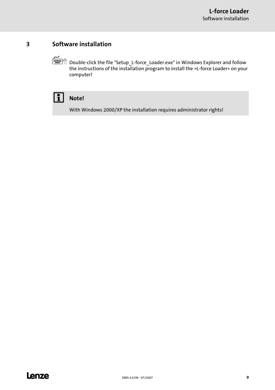 3 software installation, Software installation | Lenze Loader L-force Loader User Manual | Page 9 / 45