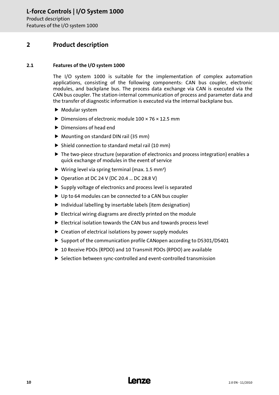 2 product description, 1 features of the i/o system 1000, Product description | L-force controls | i/o system 1000, 2product description | Lenze L-force I/O System 1000 User Manual | Page 10 / 99