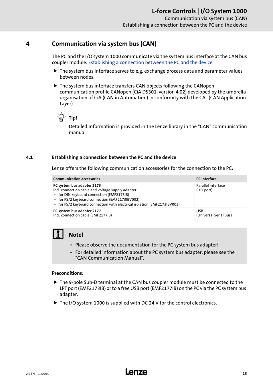 4 communication via system bus (can), Communication via system bus (can), L-force controls | i/o system 1000 | 4communication via system bus (can) | Lenze L-force I/O System 1000 User Manual | Page 23 / 99