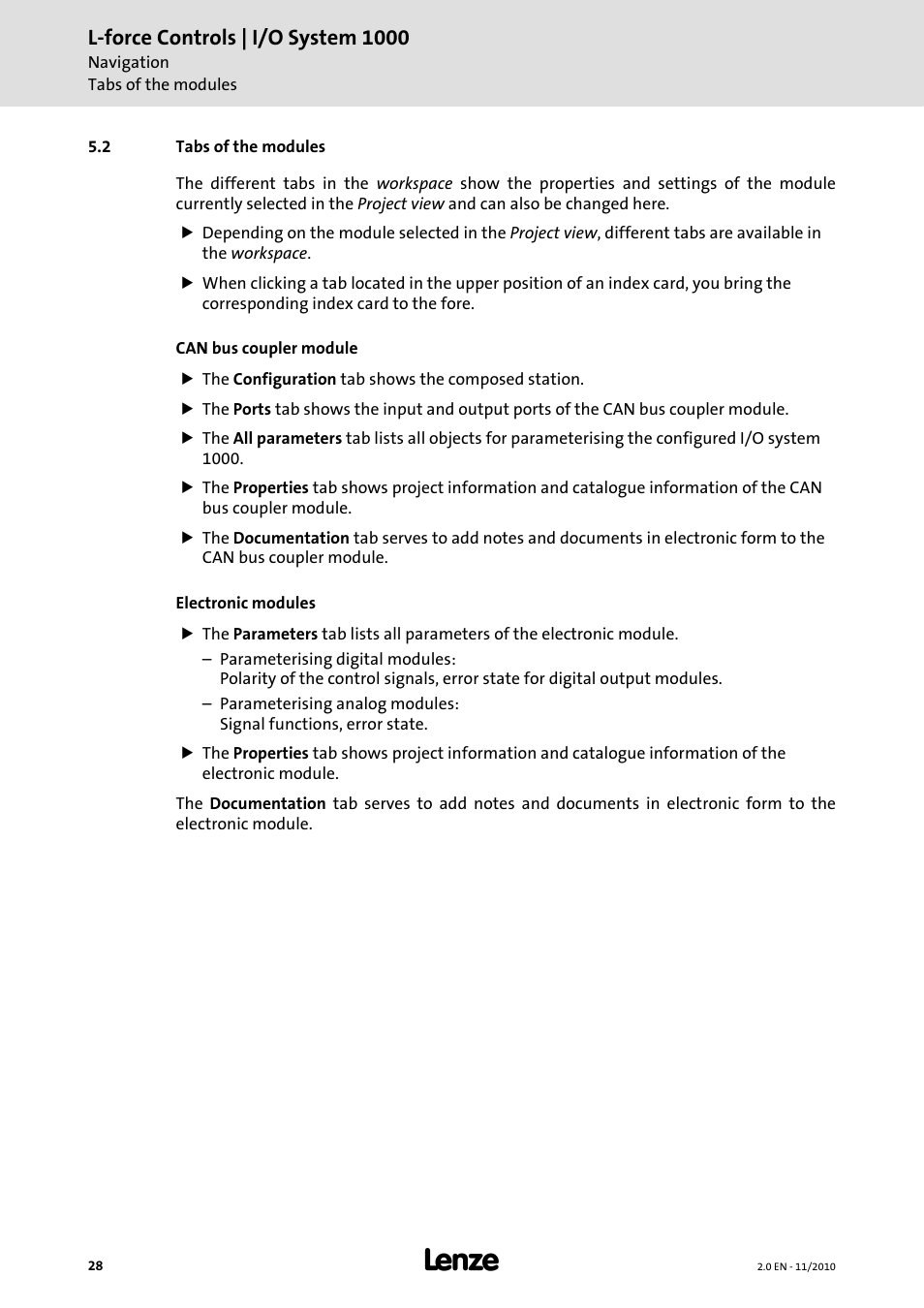 2 tabs of the modules, L-force controls | i/o system 1000 | Lenze L-force I/O System 1000 User Manual | Page 28 / 99
