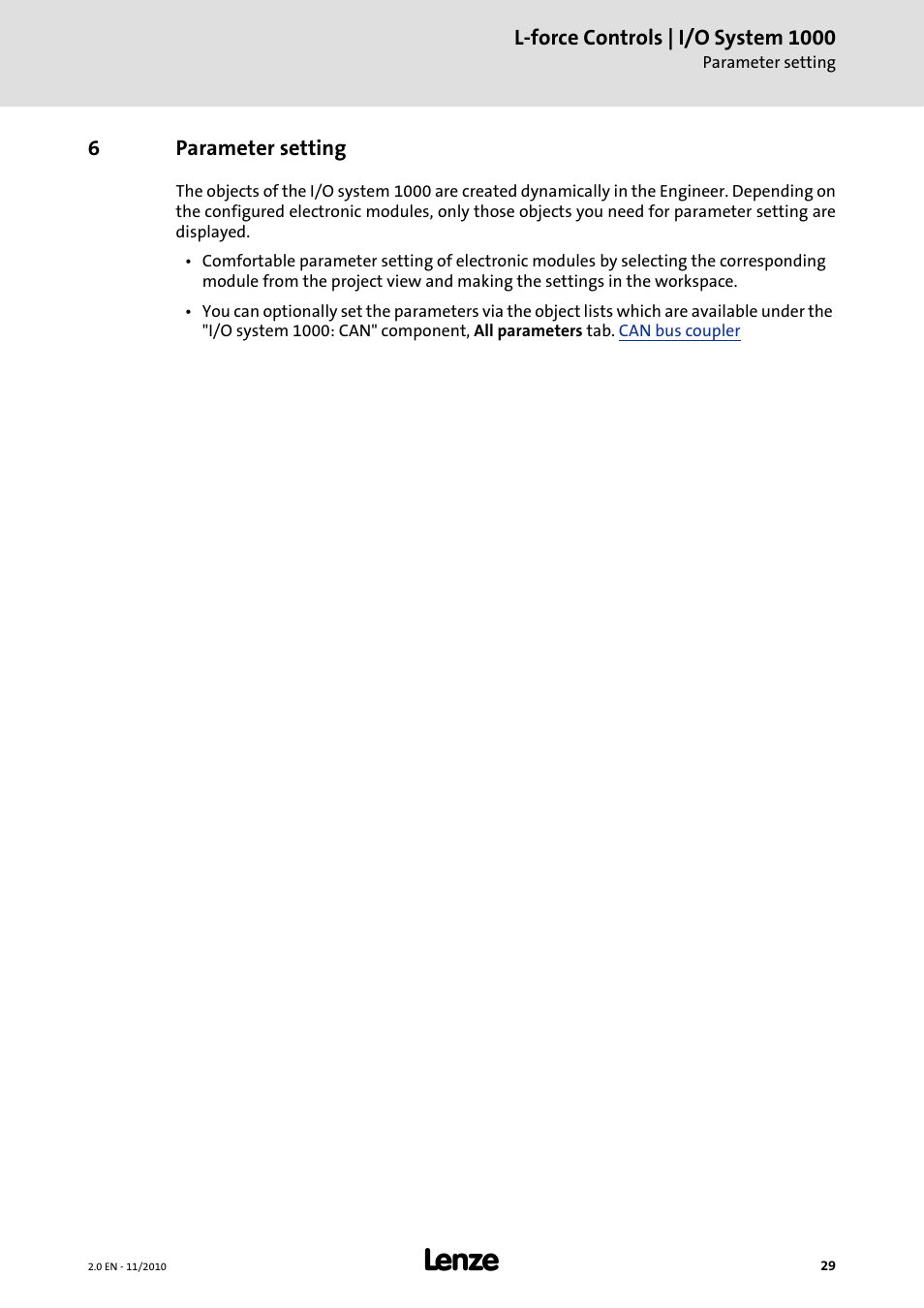 6 parameter setting, Parameter setting | Lenze L-force I/O System 1000 User Manual | Page 29 / 99