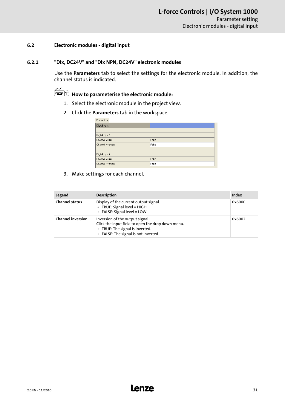 2 electronic modules - digital input, Electronic modules - digital input ( 31), Electronic modules - digital input | L-force controls | i/o system 1000 | Lenze L-force I/O System 1000 User Manual | Page 31 / 99