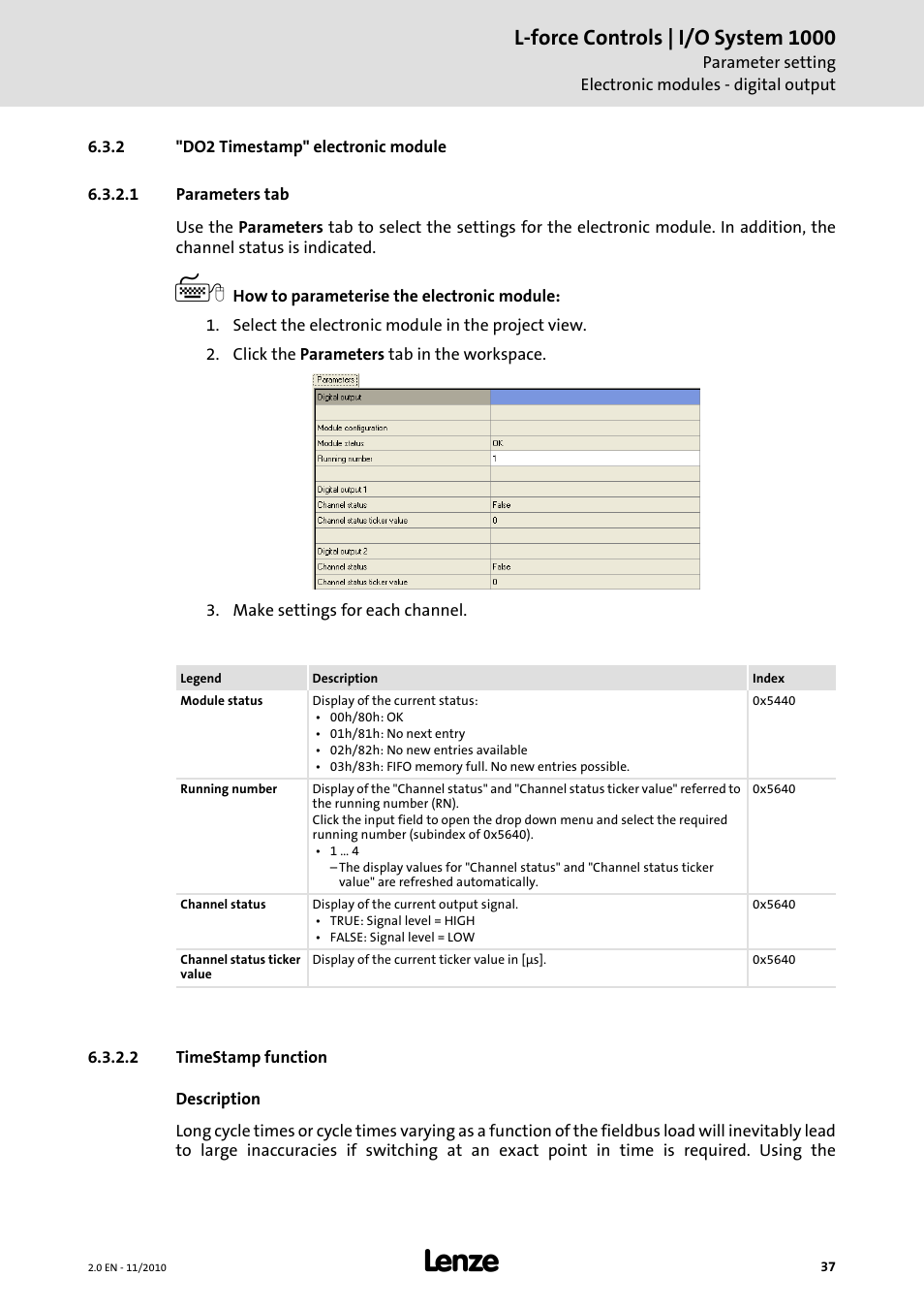 2 "do2 timestamp" electronic module, 1 parameters tab, 2 timestamp function | L-force controls | i/o system 1000 | Lenze L-force I/O System 1000 User Manual | Page 37 / 99