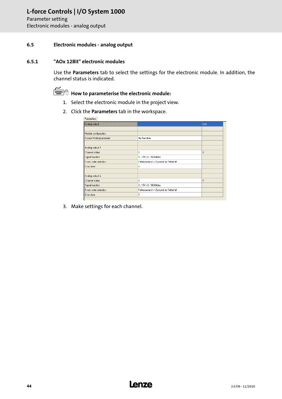 5 electronic modules - analog output, 1 "aox 12bit" electronic modules, Electronic modules - analog output ( 44) | Electronic modules - analog output | Lenze L-force I/O System 1000 User Manual | Page 44 / 99