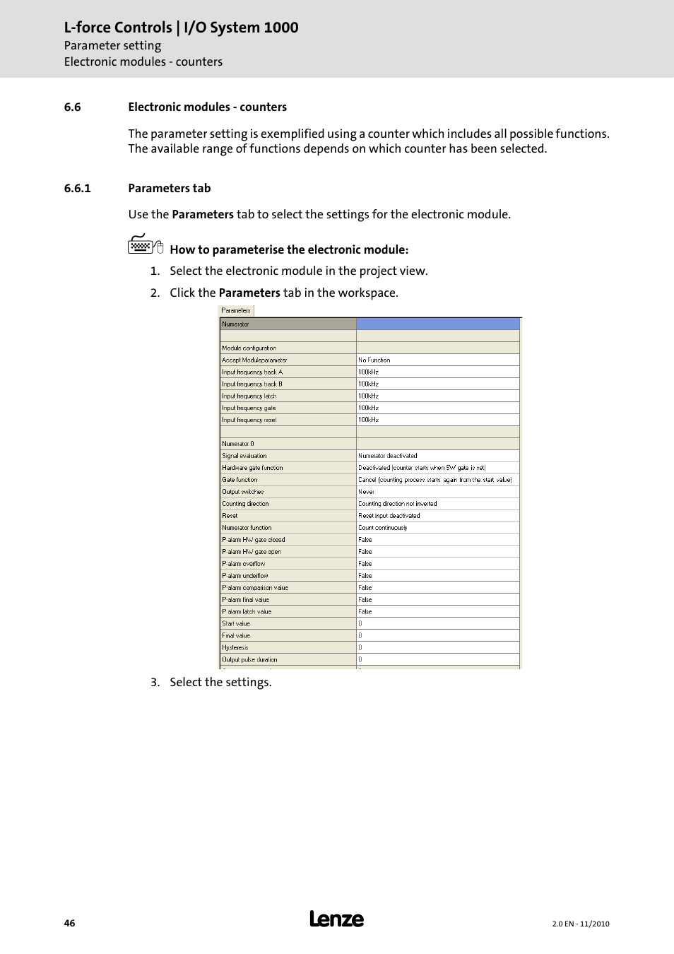 6 electronic modules - counters, 1 parameters tab, Electronic modules - counters ( 46) | Electronic modules - counters | Lenze L-force I/O System 1000 User Manual | Page 46 / 99