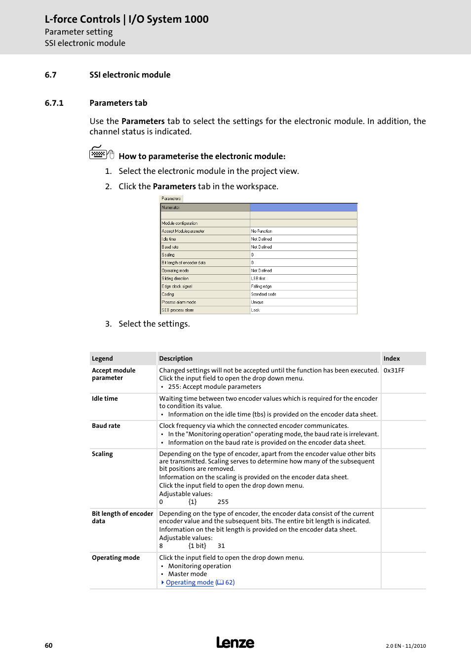 7 ssi electronic module, 1 parameters tab, Ssi electronic module ( 60) | Ssi electronic module, L-force controls | i/o system 1000 | Lenze L-force I/O System 1000 User Manual | Page 60 / 99