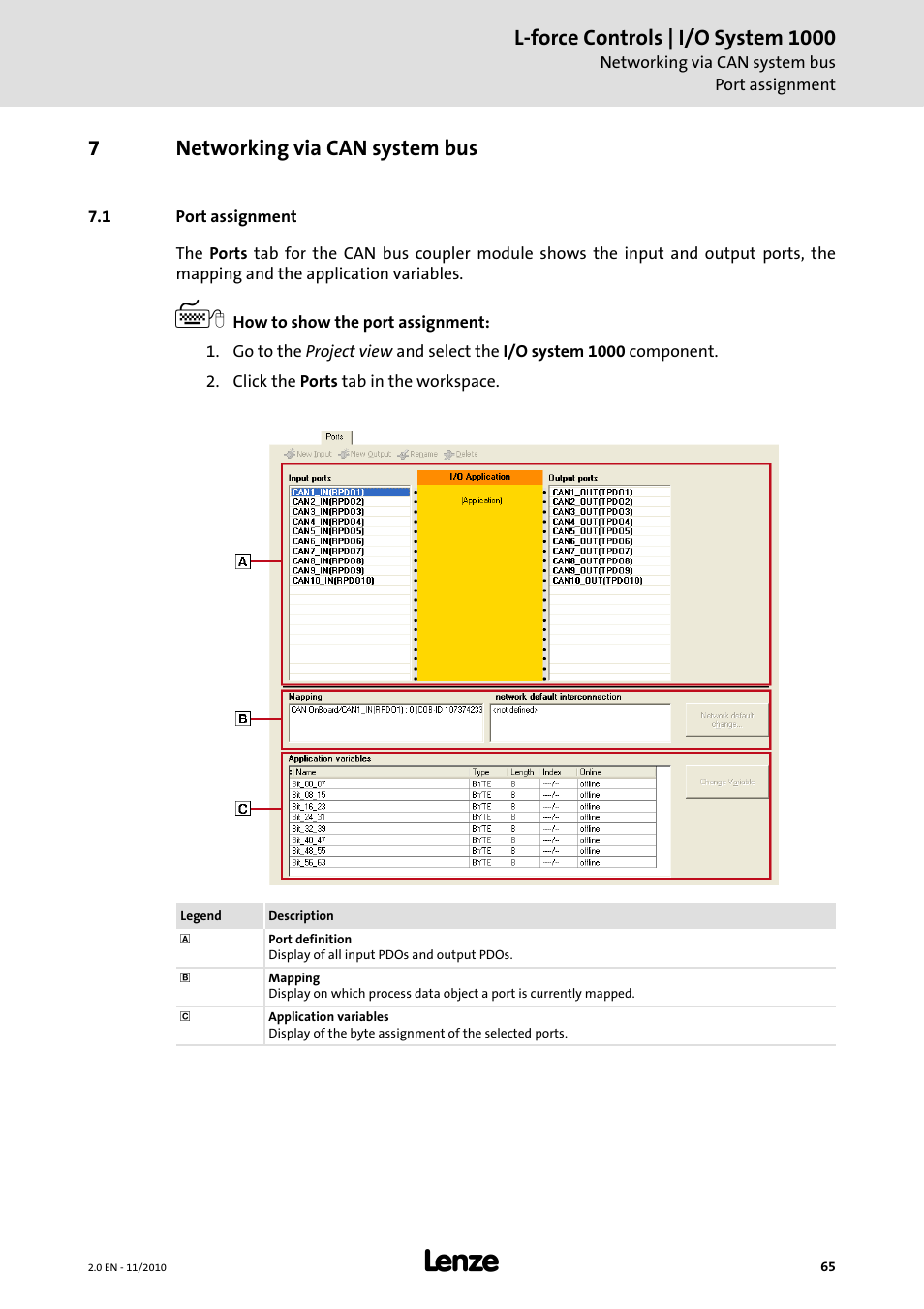 7 networking via can system bus, 1 port assignment, Networking via can system bus | Port assignment ( 65), L-force controls | i/o system 1000, 7networking via can system bus | Lenze L-force I/O System 1000 User Manual | Page 65 / 99