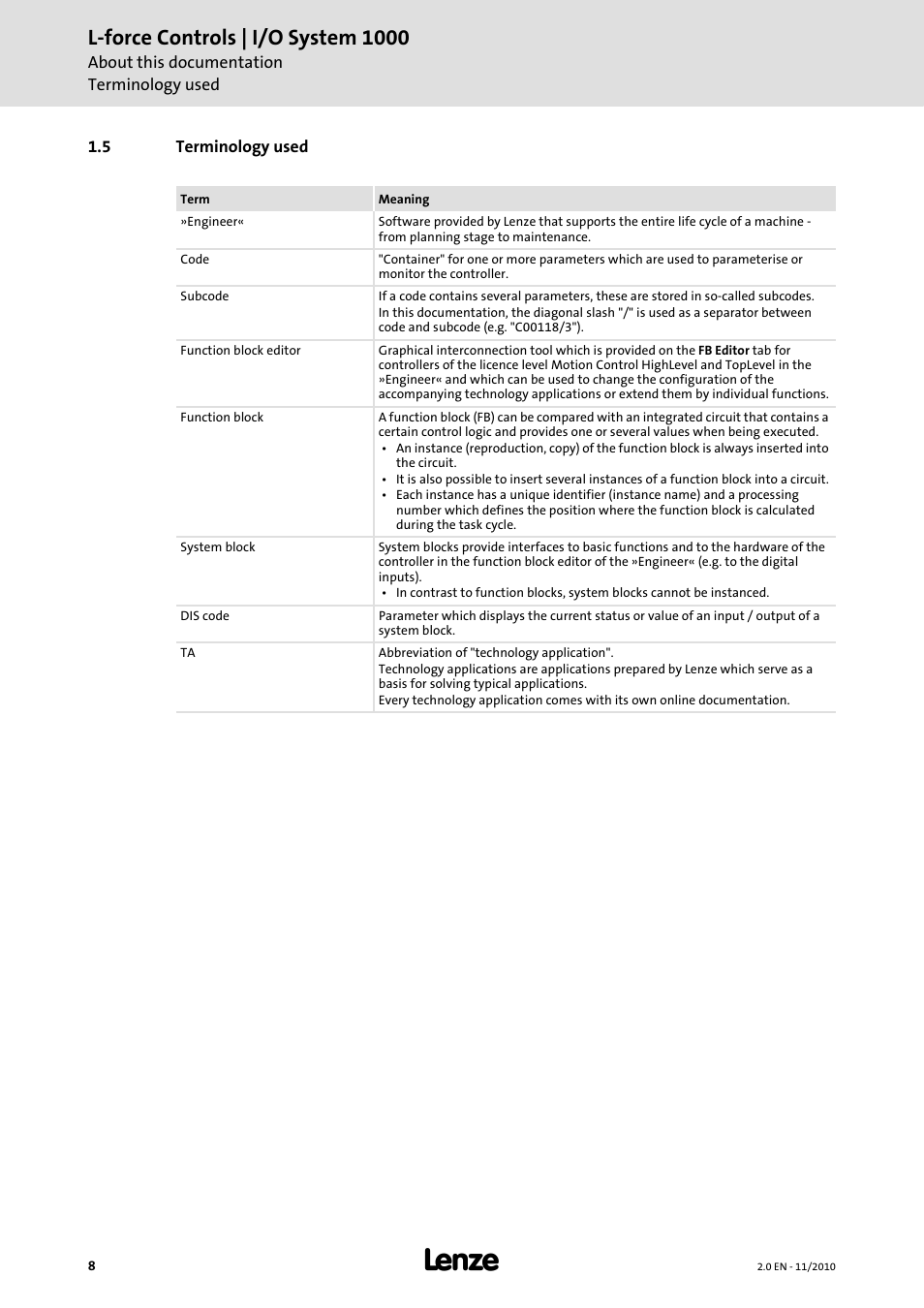 5 terminology used, L-force controls | i/o system 1000 | Lenze L-force I/O System 1000 User Manual | Page 8 / 99