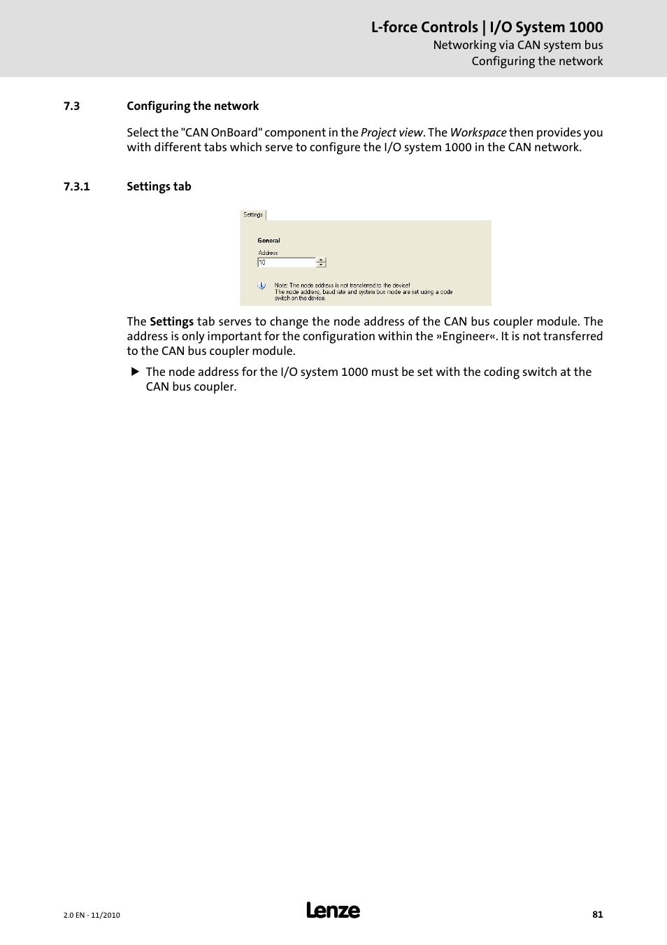 3 configuring the network, 1 settings tab, Configuring the network ( 81) | Lenze L-force I/O System 1000 User Manual | Page 81 / 99