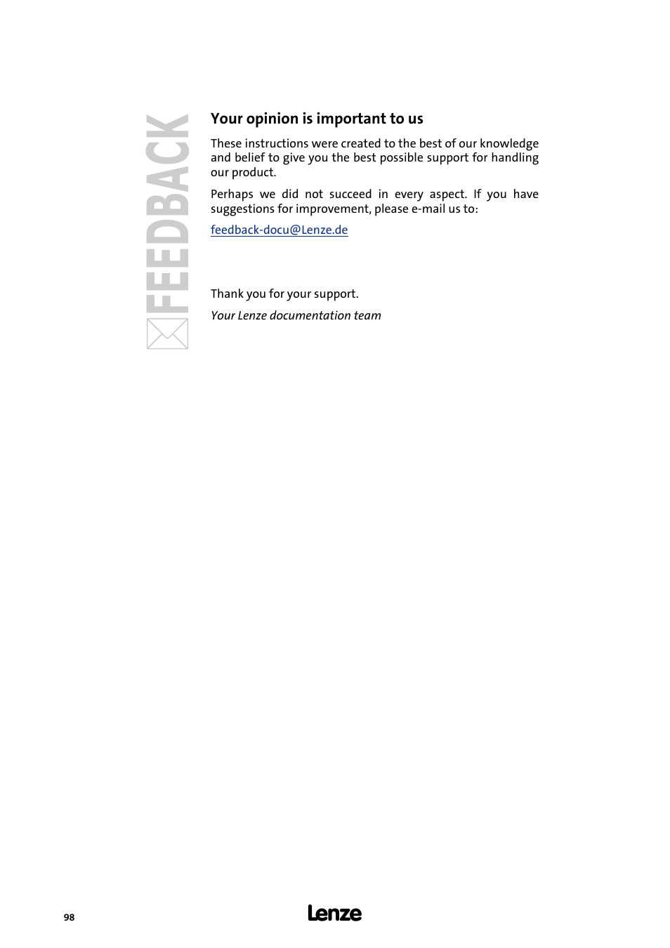Your opinion is important to us | Lenze L-force I/O System 1000 User Manual | Page 98 / 99