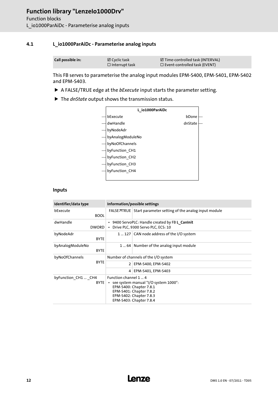 1 l_io1000paraidc - parameterise analog inputs, L_io1000paraidc - parameterise analog inputs, L_io1000paraidc | Function library "lenzeio1000drv | Lenze Function library LenzeIO1000Drv User Manual | Page 12 / 64