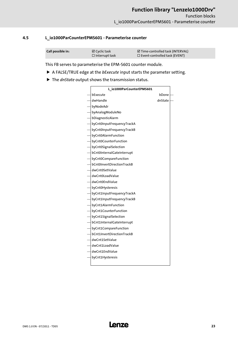 5 l_io1000parcounterepms601 - parameterise counter, L_io1000parcounterepms601 - parameterise counter, L_io1000parcounterepms601 | Function library "lenzeio1000drv | Lenze Function library LenzeIO1000Drv User Manual | Page 23 / 64