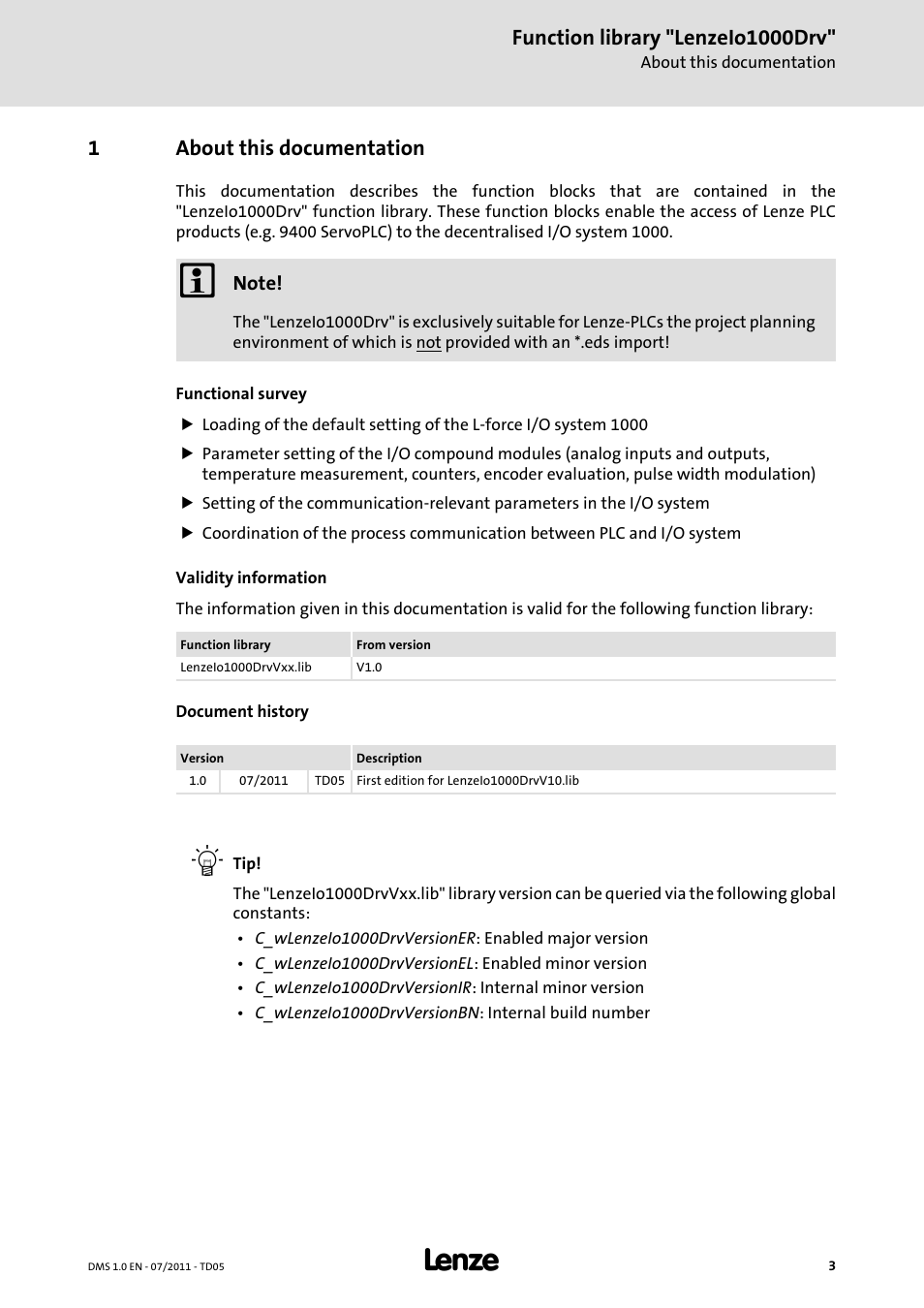 1 about this documentation, About this documentation, Function library "lenzeio1000drv | 1about this documentation | Lenze Function library LenzeIO1000Drv User Manual | Page 3 / 64