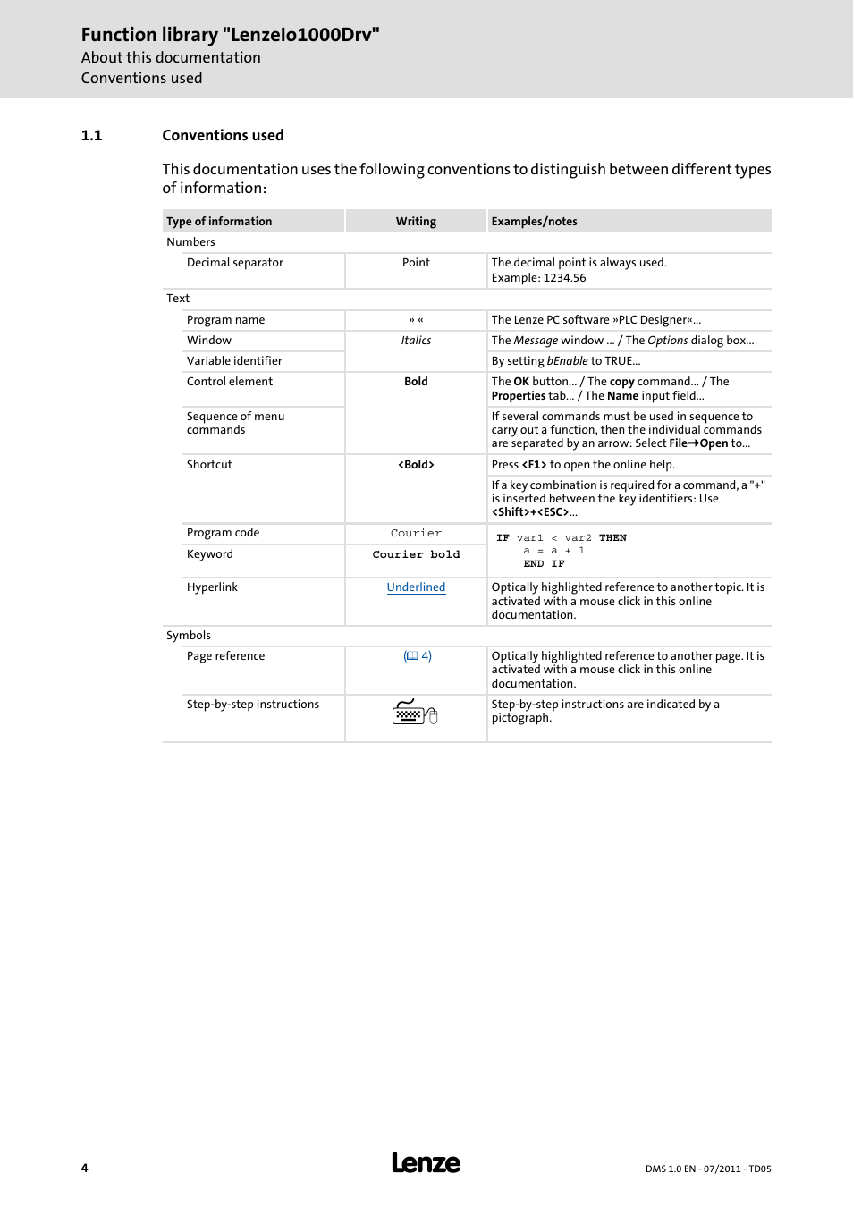 1 conventions used, Conventions used, Function library "lenzeio1000drv | Lenze Function library LenzeIO1000Drv User Manual | Page 4 / 64
