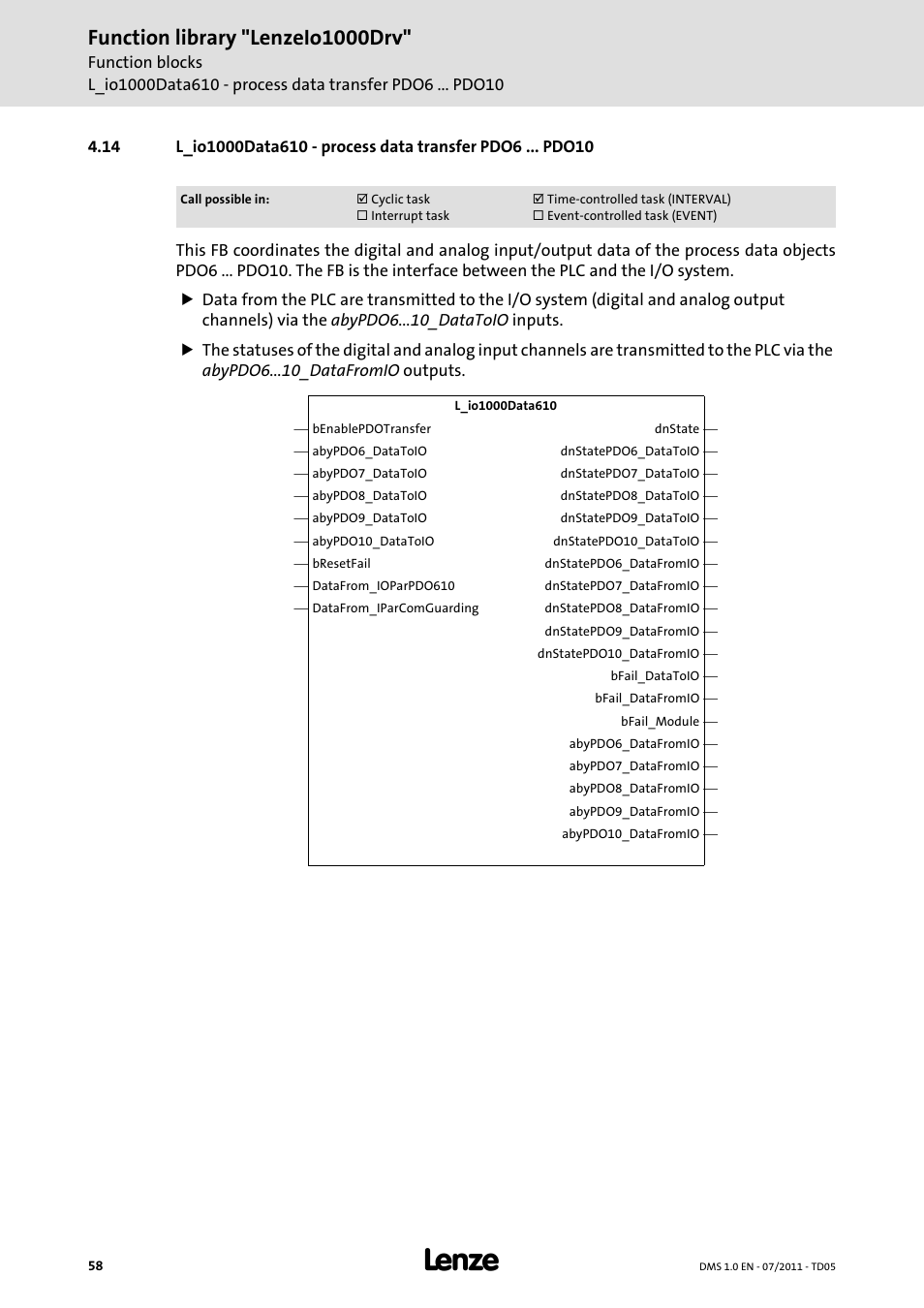 L_io1000data610, Serve to, Process data | If more tha, Is not used, Function library "lenzeio1000drv | Lenze Function library LenzeIO1000Drv User Manual | Page 58 / 64