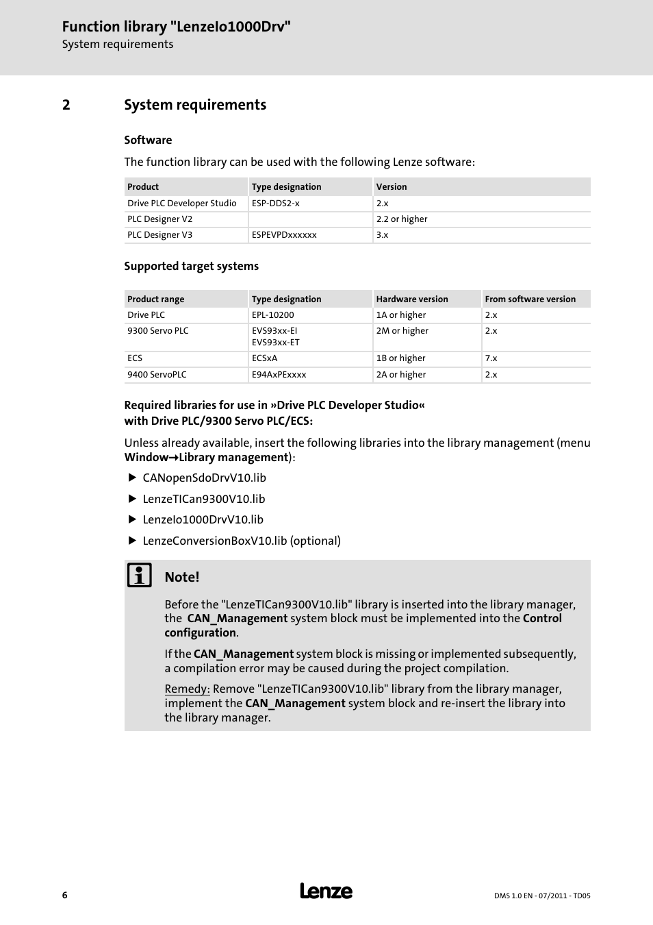 2 system requirements, System requirements, Function library "lenzeio1000drv | 2system requirements | Lenze Function library LenzeIO1000Drv User Manual | Page 6 / 64