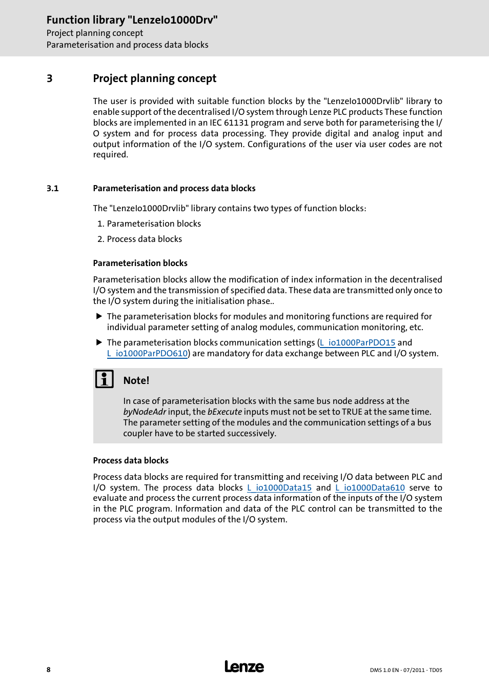 3 project planning concept, 1 parameterisation and process data blocks, Project planning concept | Parameterisation and process data blocks, Function library "lenzeio1000drv, 3project planning concept | Lenze Function library LenzeIO1000Drv User Manual | Page 8 / 64