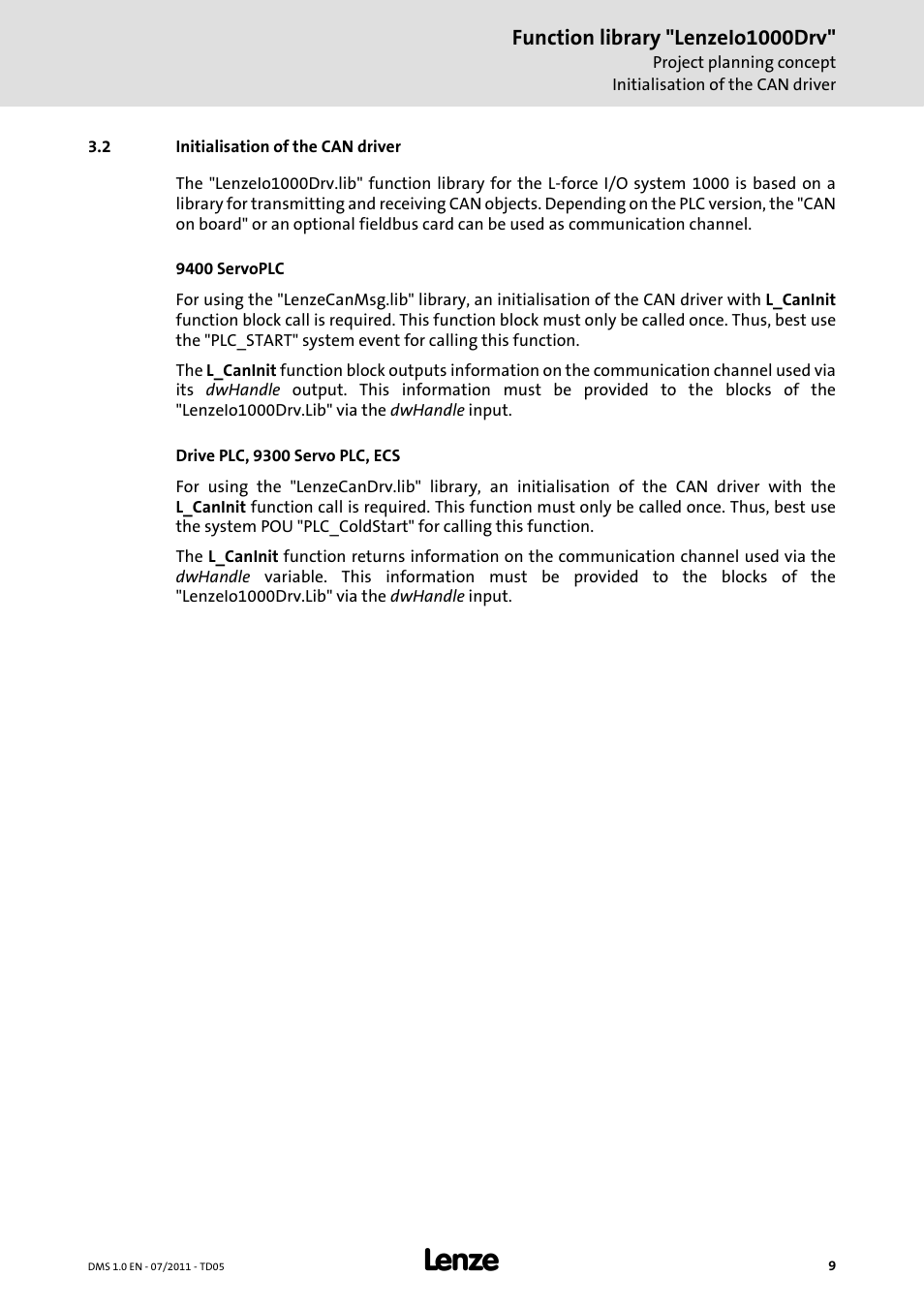 2 initialisation of the can driver, Initialisation of the can driver, Function library "lenzeio1000drv | Lenze Function library LenzeIO1000Drv User Manual | Page 9 / 64