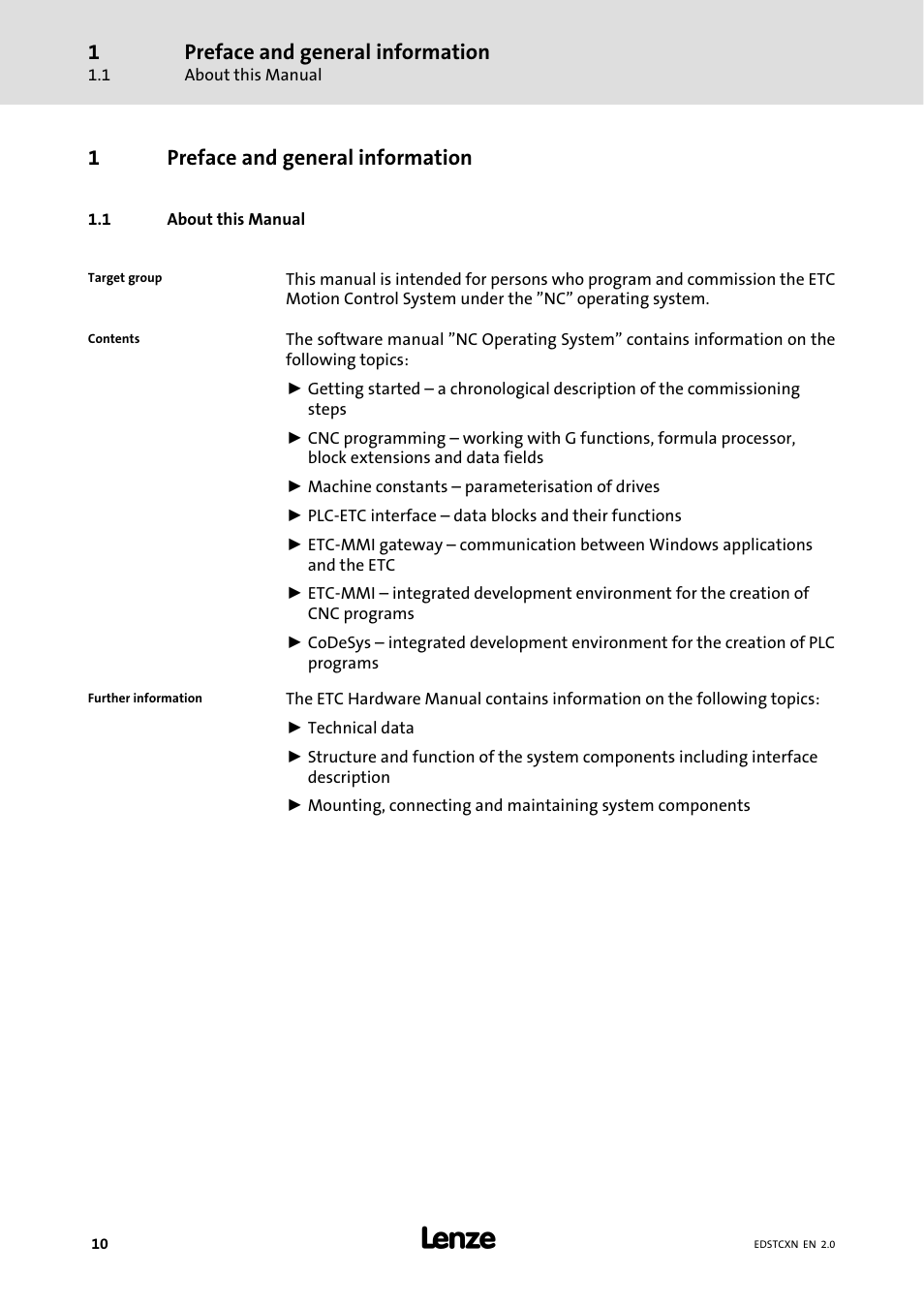 1 preface and general information, 1 about this manual, Preface and general information | About this manual, 1preface and general information | Lenze ETC Motion Control User Manual | Page 10 / 428