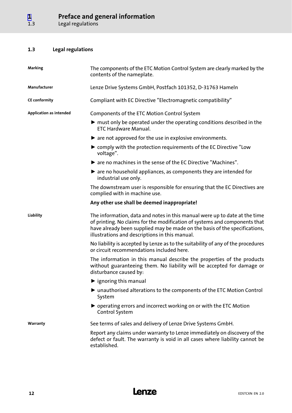 3 legal regulations, Legal regulations, Preface and general information | Lenze ETC Motion Control User Manual | Page 12 / 428