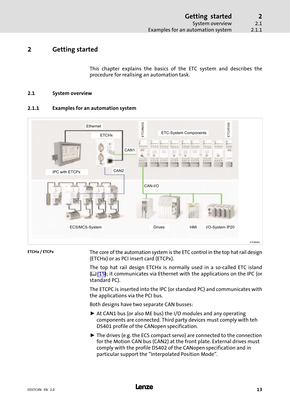 2 getting started, 1 system overview, 1 examples for an automation system | Getting started, System overview, Examples for an automation system, 2getting started | Lenze ETC Motion Control User Manual | Page 13 / 428