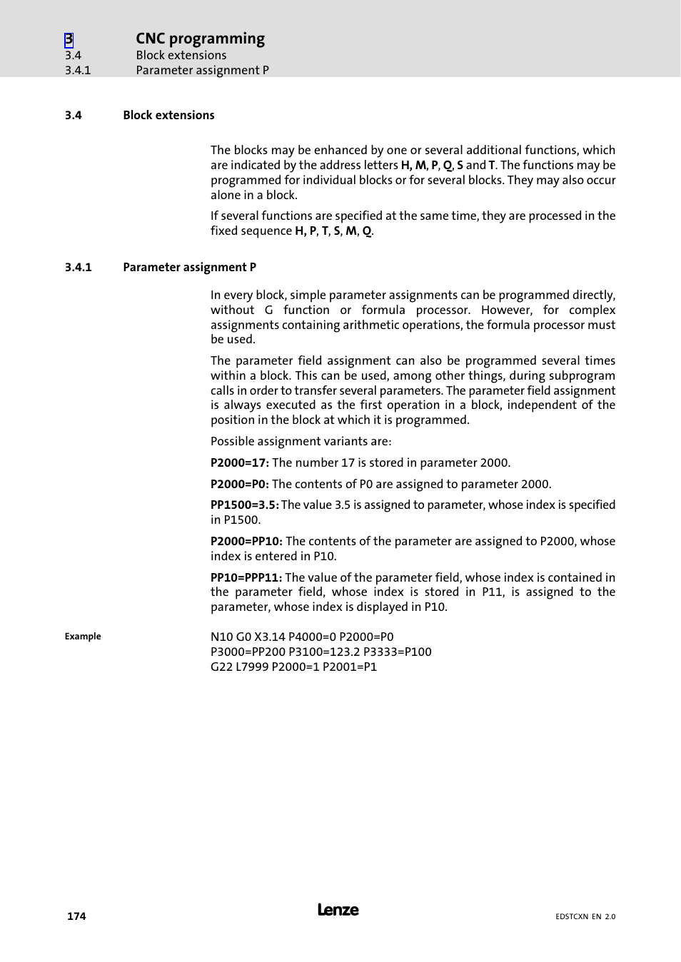 4 block extensions, 1 parameter assignment p, Block extensions | Parameter assignment p, Cnc programming | Lenze ETC Motion Control User Manual | Page 174 / 428