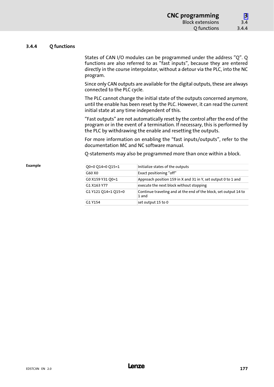 4 q functions, Q functions, Cnc programming | Lenze ETC Motion Control User Manual | Page 177 / 428