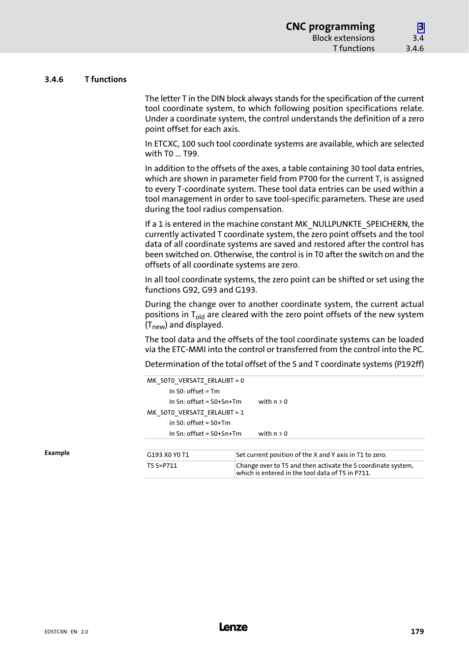 6 t functions, T functions, Cnc programming | Lenze ETC Motion Control User Manual | Page 179 / 428