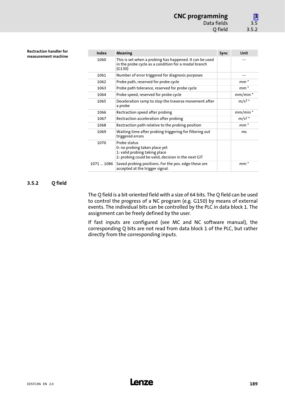 2 q field, Q field, Cnc programming | Lenze ETC Motion Control User Manual | Page 189 / 428