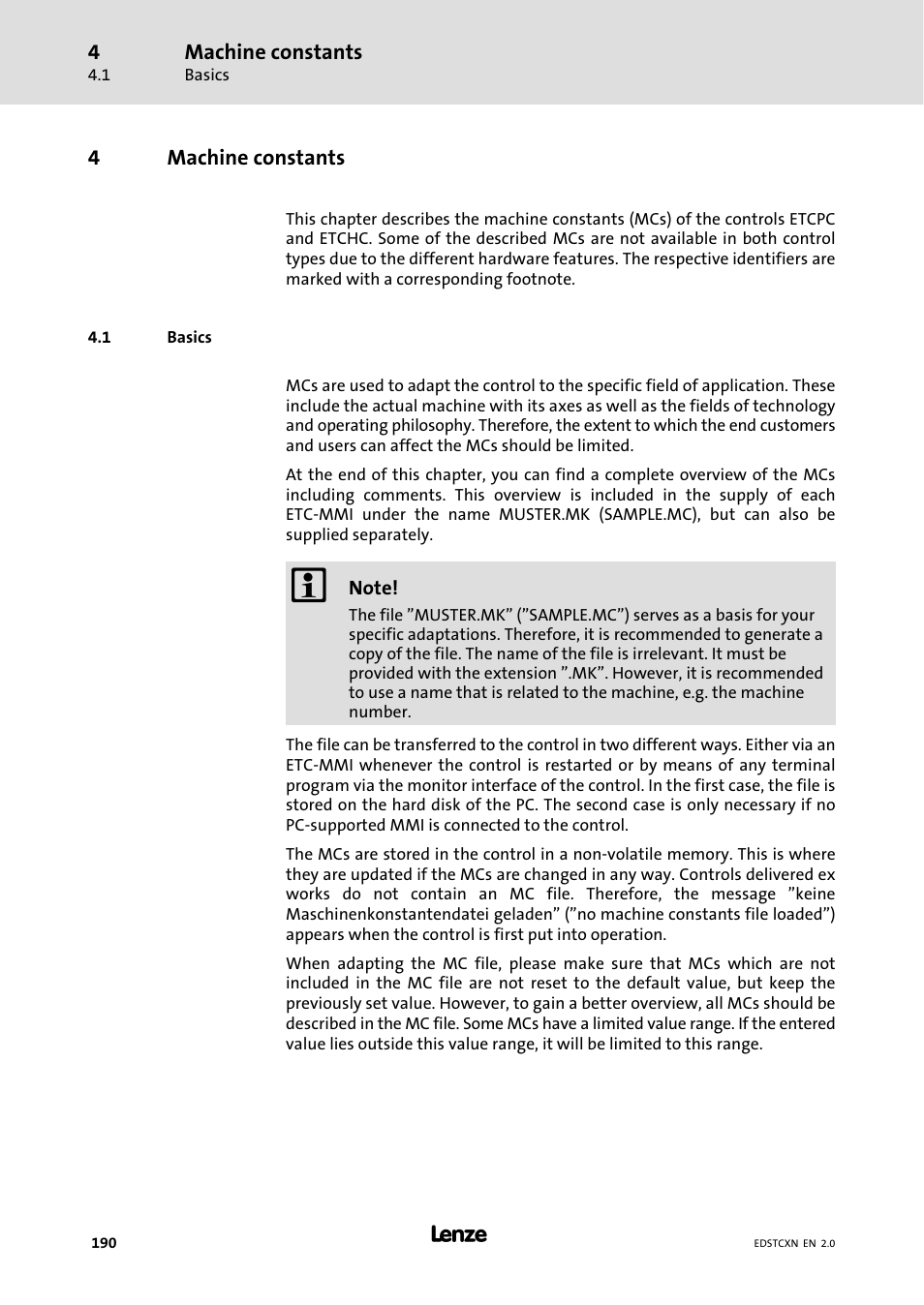 4 machine constants, 1 basics, Machine constants | Basics | Lenze ETC Motion Control User Manual | Page 190 / 428