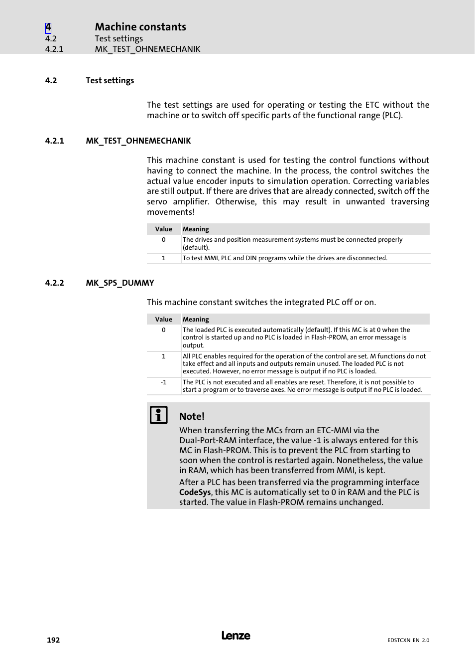 2 test settings, 1 mk_test_ohnemechanik, 2 mk_sps_dummy | Test settings, Mk_test_ohnemechanik, Mk_sps_dummy, Machine constants | Lenze ETC Motion Control User Manual | Page 192 / 428