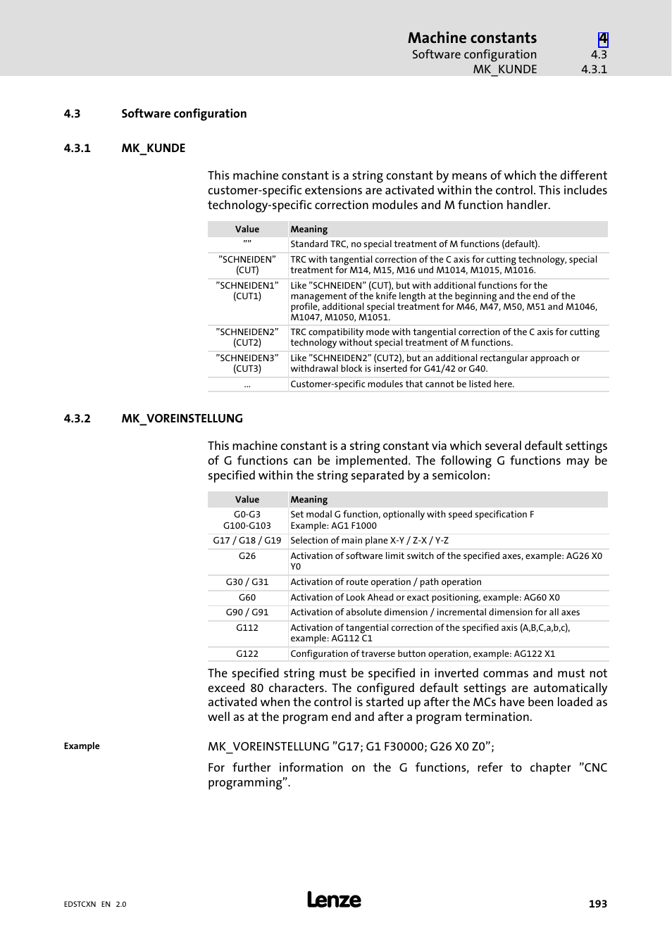 3 software configuration, 1 mk_kunde, 2 mk_voreinstellung | Software configuration, Mk_kunde, Mk_voreinstellung, Machine constants | Lenze ETC Motion Control User Manual | Page 193 / 428
