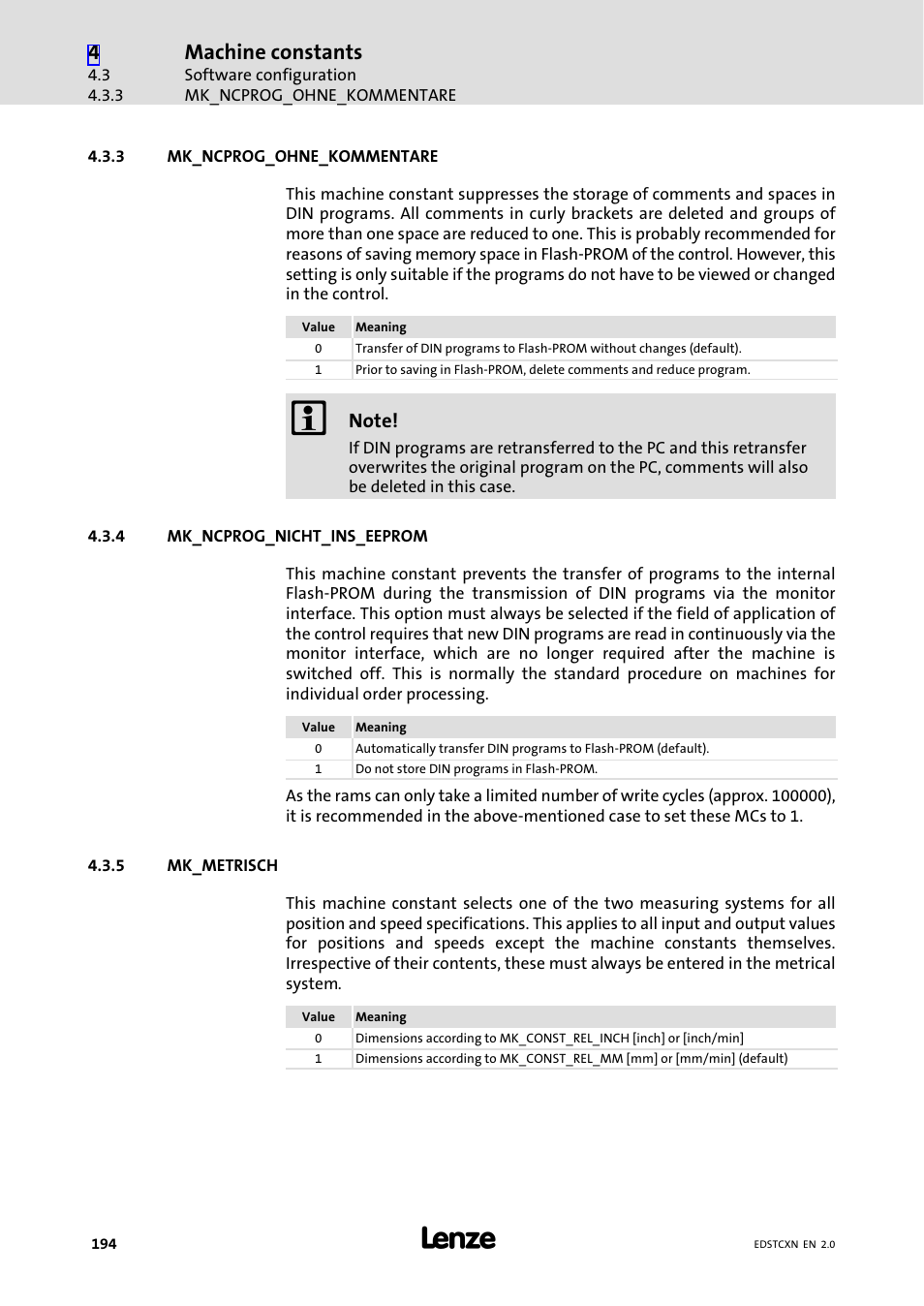 3 mk_ncprog_ohne_kommentare, 4 mk_ncprog_nicht_ins_eeprom, 5 mk_metrisch | Mk_ncprog_ohne_kommentare, Mk_ncprog_nicht_ins_eeprom, Mk_metrisch, Machine constants | Lenze ETC Motion Control User Manual | Page 194 / 428