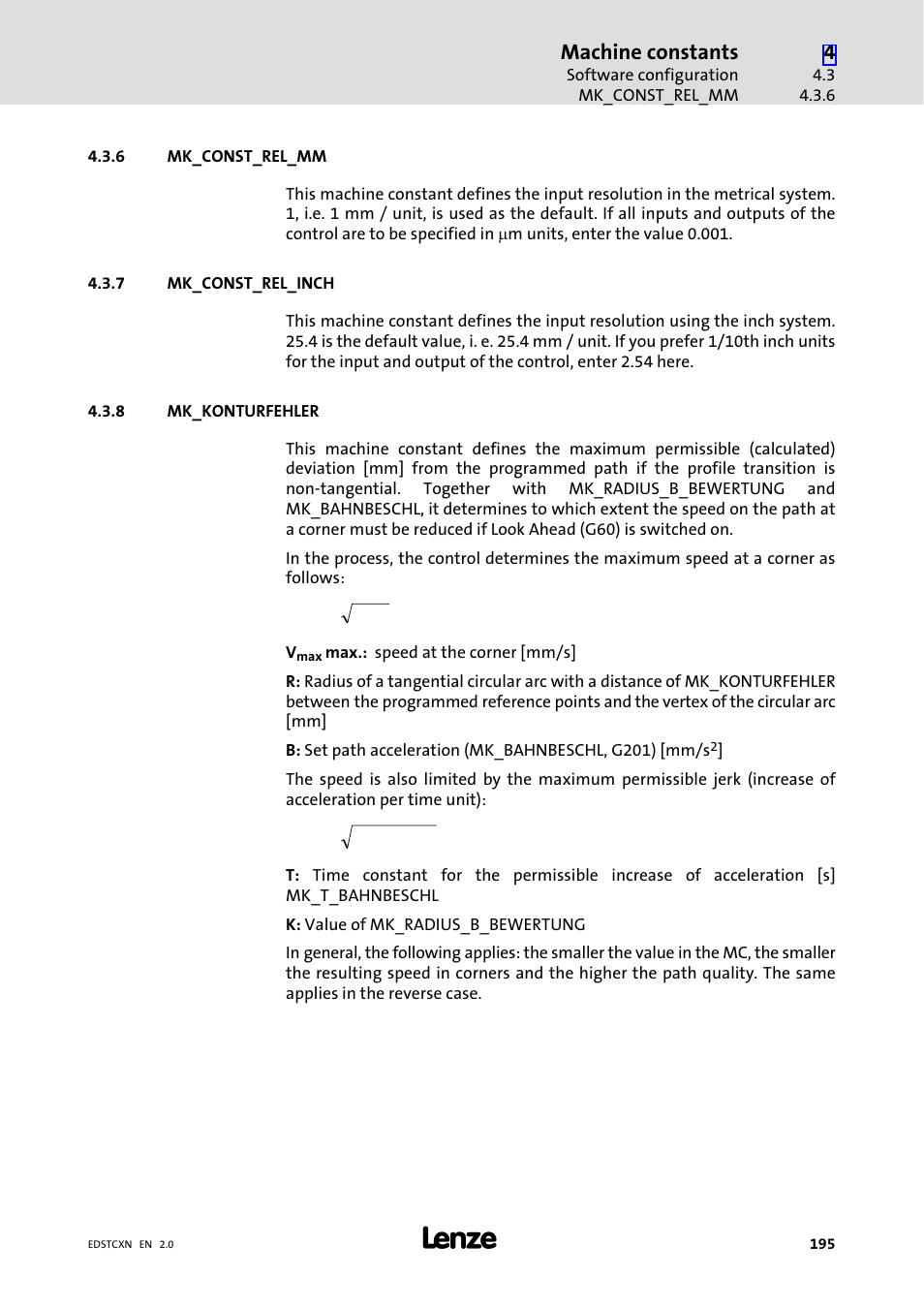 6 mk_const_rel_mm, 7 mk_const_rel_inch, 8 mk_konturfehler | Mk_const_rel_mm, Mk_const_rel_inch, Mk_konturfehler, Machine constants | Lenze ETC Motion Control User Manual | Page 195 / 428