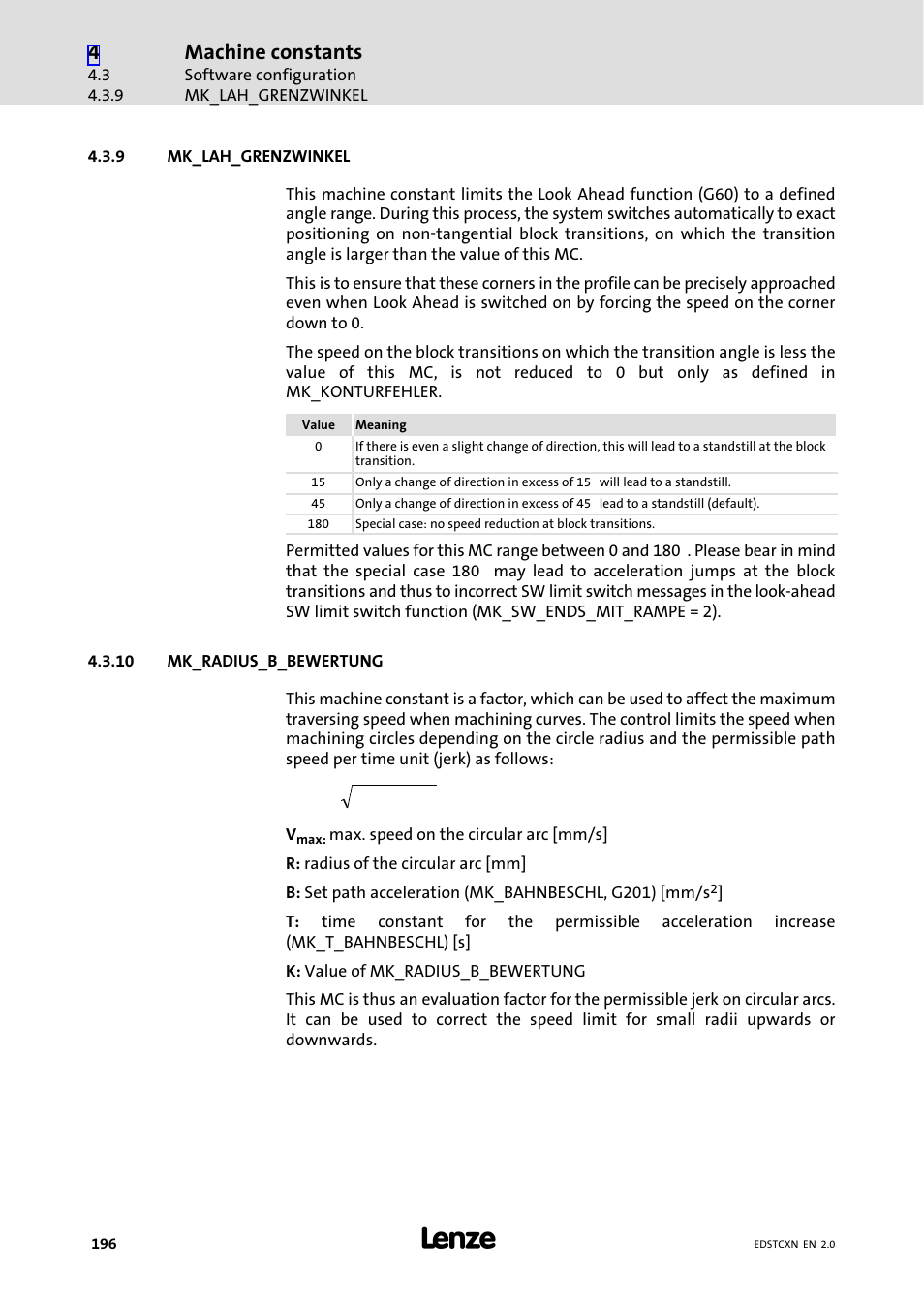 9 mk_lah_grenzwinkel, 10 mk_radius_b_bewertung, Mk_lah_grenzwinkel | Mk_radius_b_bewertung, Machine constants | Lenze ETC Motion Control User Manual | Page 196 / 428