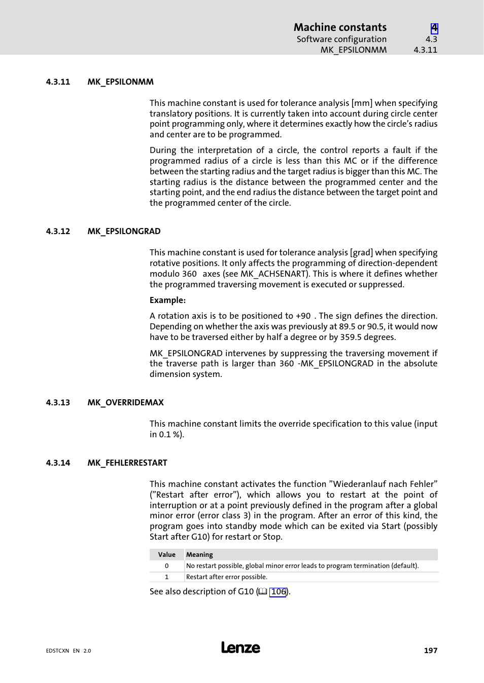 11 mk_epsilonmm, 12 mk_epsilongrad, 13 mk_overridemax | 14 mk_fehlerrestart, Mk_epsilonmm, Mk_epsilongrad, Mk_overridemax, Mk_fehlerrestart, Machine constants | Lenze ETC Motion Control User Manual | Page 197 / 428