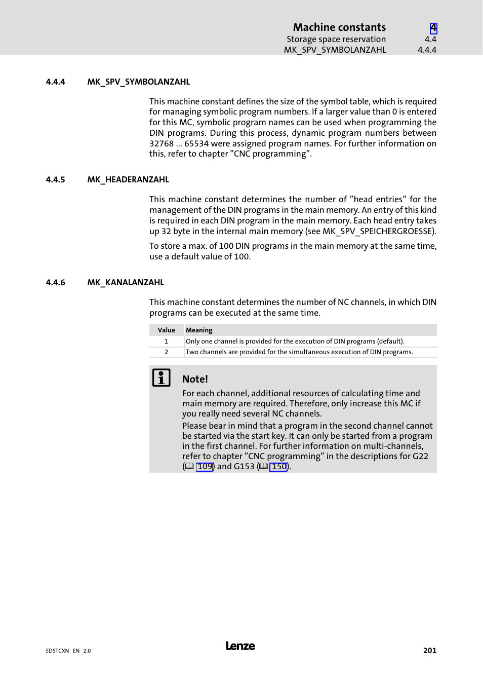 4 mk_spv_symbolanzahl, 5 mk_headeranzahl, 6 mk_kanalanzahl | Mk_spv_symbolanzahl, Mk_headeranzahl, Mk_kanalanzahl, Machine constants | Lenze ETC Motion Control User Manual | Page 201 / 428
