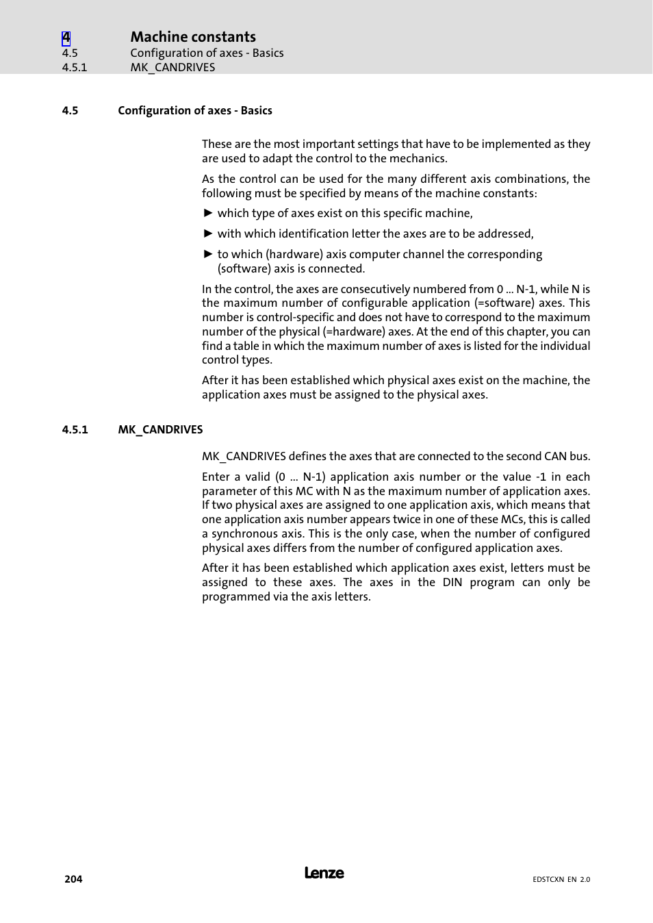 5 configuration of axes - basics, 1 mk_candrives, Configuration of axes − basics | Mk_candrives, Machine constants | Lenze ETC Motion Control User Manual | Page 204 / 428